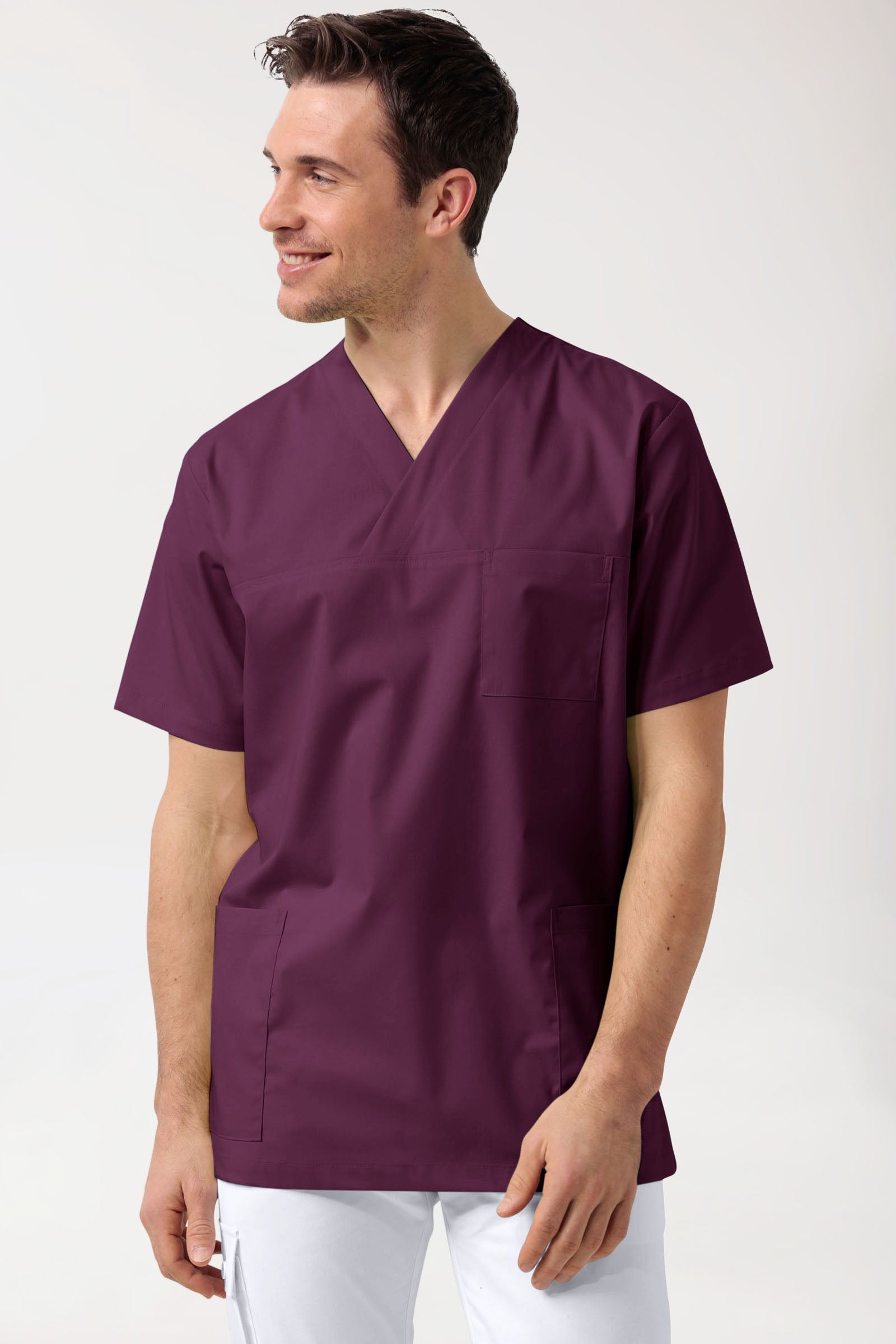Stretch Schlupfkasack Unisex - V-Ausschnitt pflaume, Vorderansicht