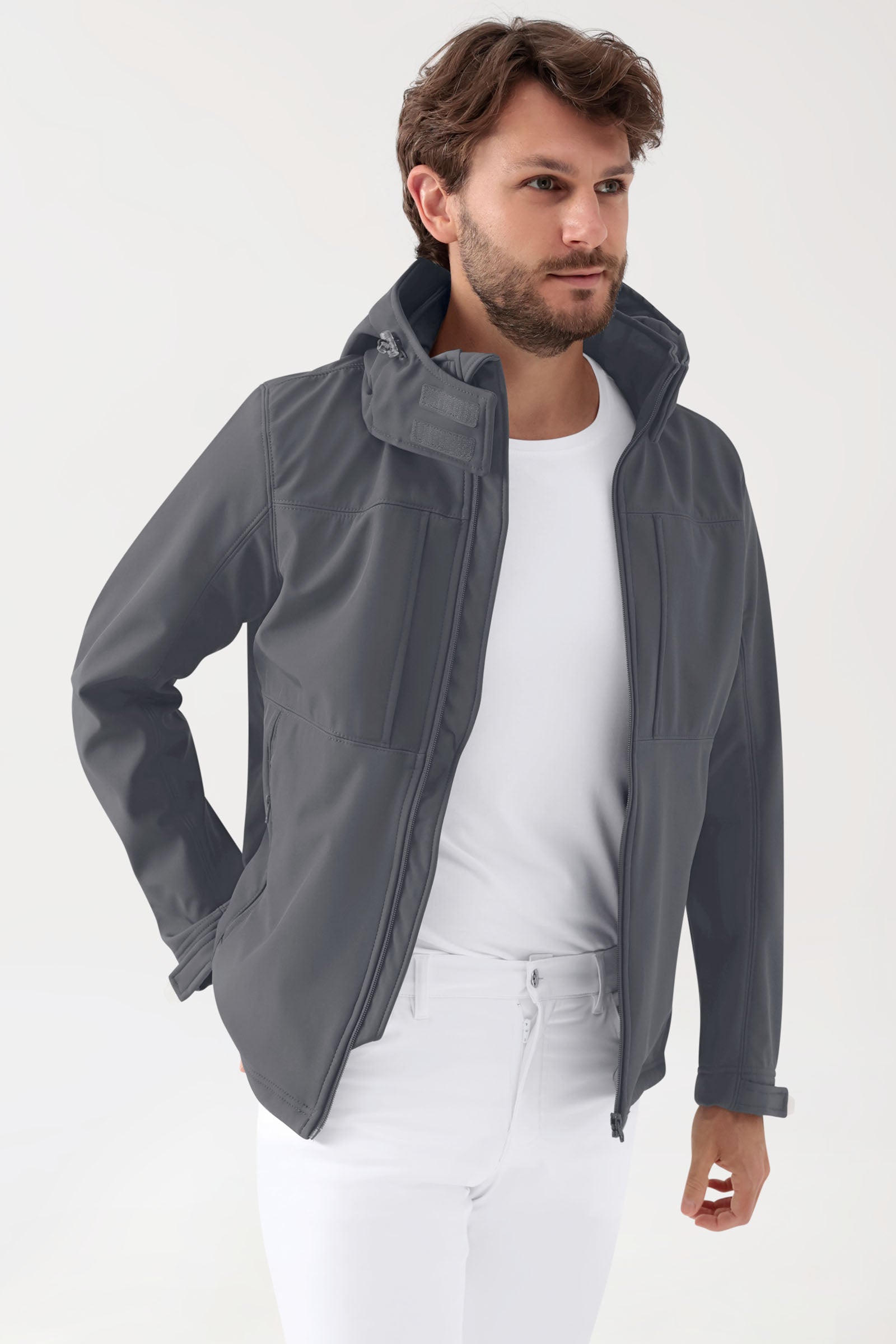 Softshell Jacken Unisex - abnehmbare Kapuze erzgrau, Vorderansicht