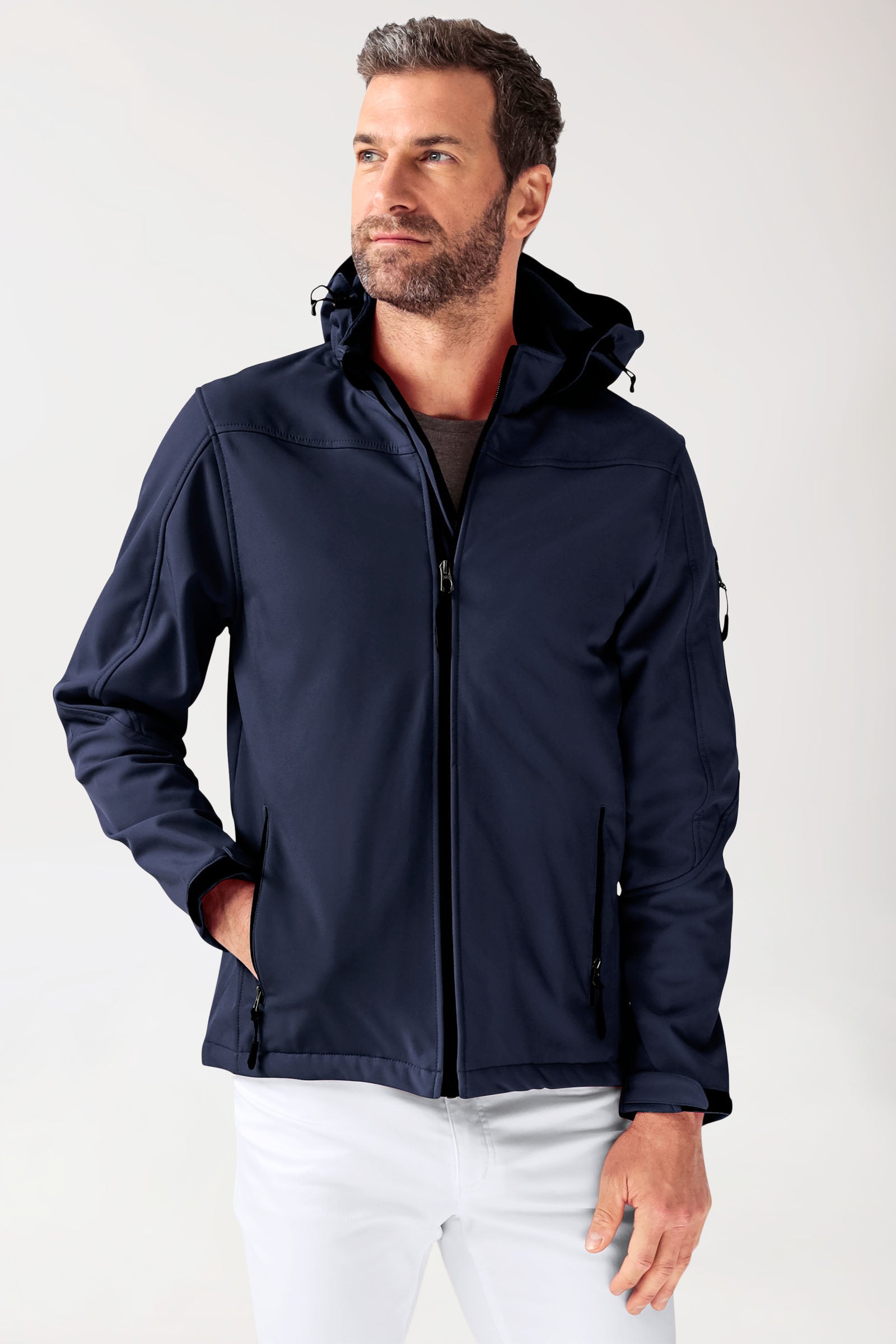 Softshell Jacken Unisex - mit Kapuze navy, Vorderansicht