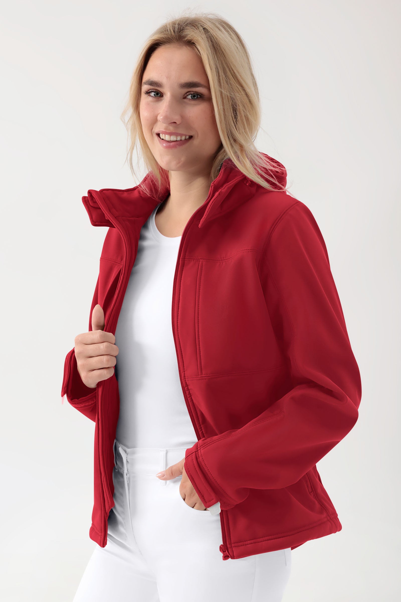 Softshell Jacke Unisex - abnehmbare Kapuze rot, Vorderansicht