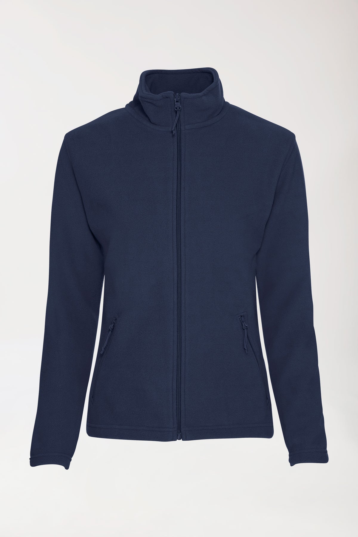 CLINIC DRESS Fleecejacke für Damen – Stehkragen, nachtblau: eine marineblaue Fleecejacke mit Stehkragen, Reißverschluss vorne und zwei Seitentaschen mit Reißverschluss.