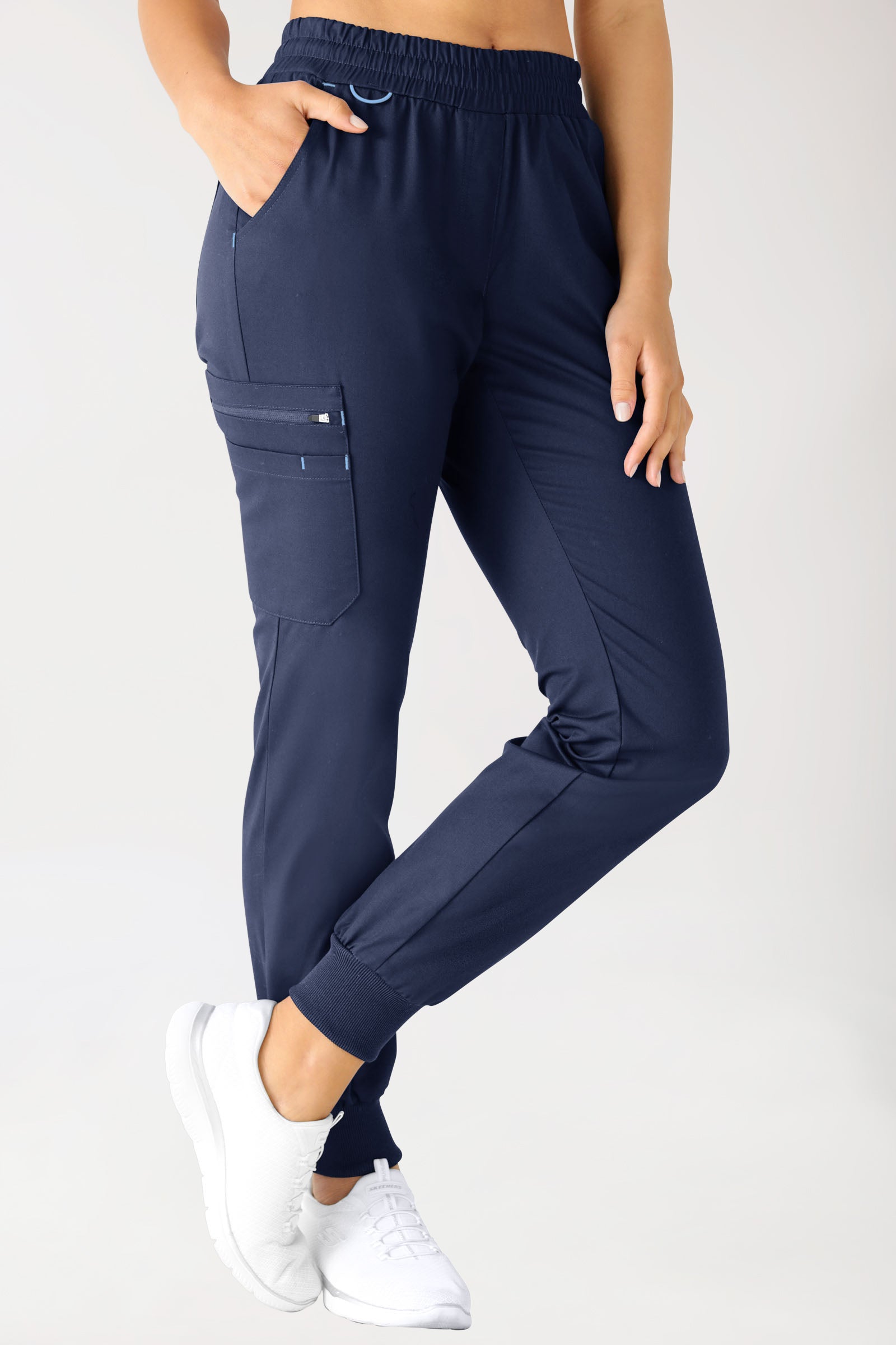 CLINIC STRETCH Hose Damen - Strickbund navy/himmelblau, Vorderansicht