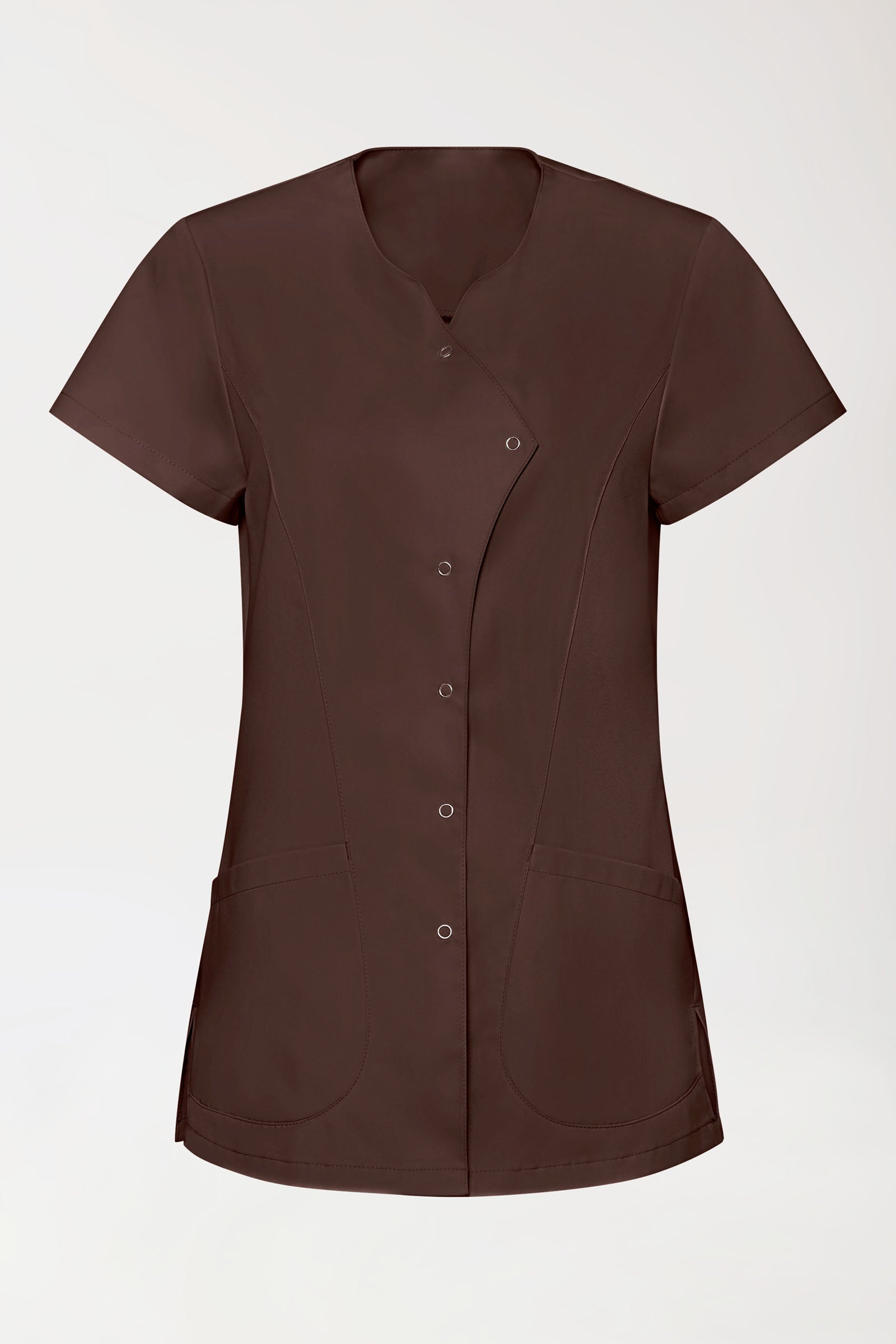 GREEN Stretch Kasack Damen - asymmetrische Druckknopfleiste coffee, Vorderansicht