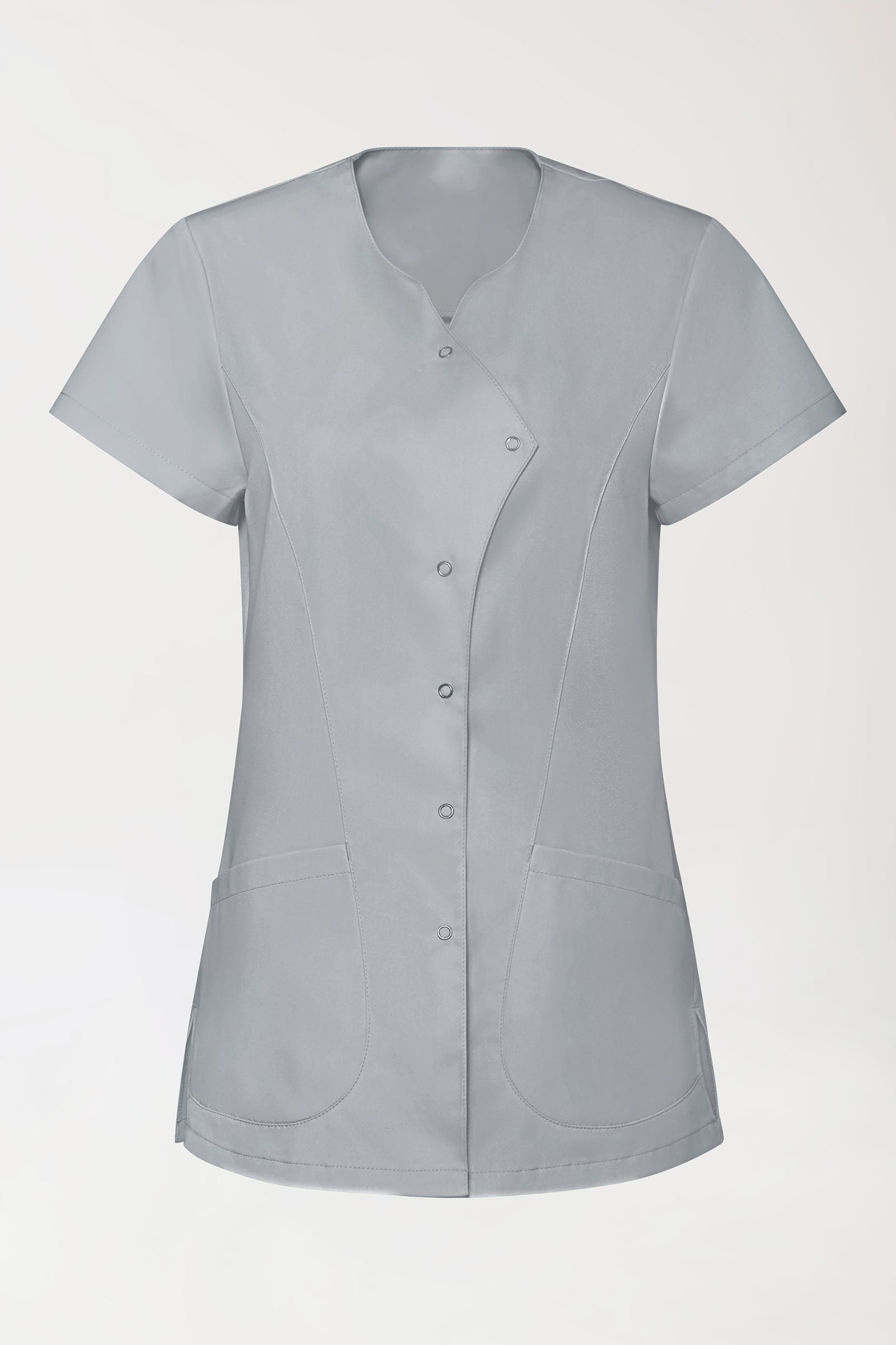 GREEN Stretch Kasack Damen - asymmetrische Druckknopfleiste perlgrau, Vorderansicht
