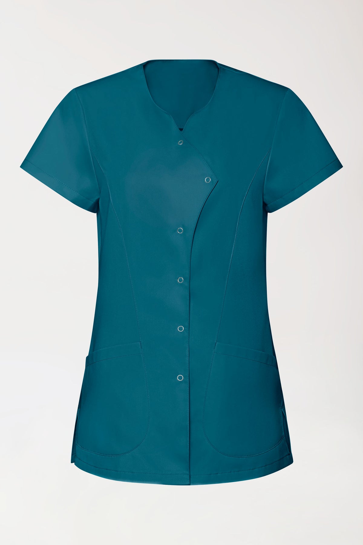 GREEN Stretch Kasack Damen - asymmetrische Druckknopfleiste petrol, Vorderansicht