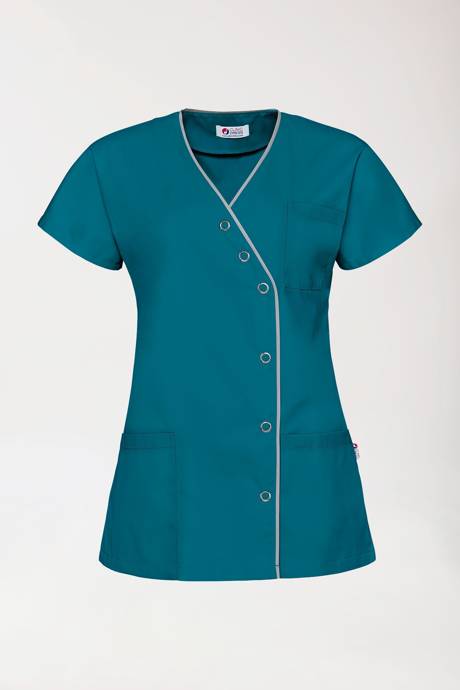 Beauty Kasack Damen - asymmetrische Druckknopfleiste petrol/grau