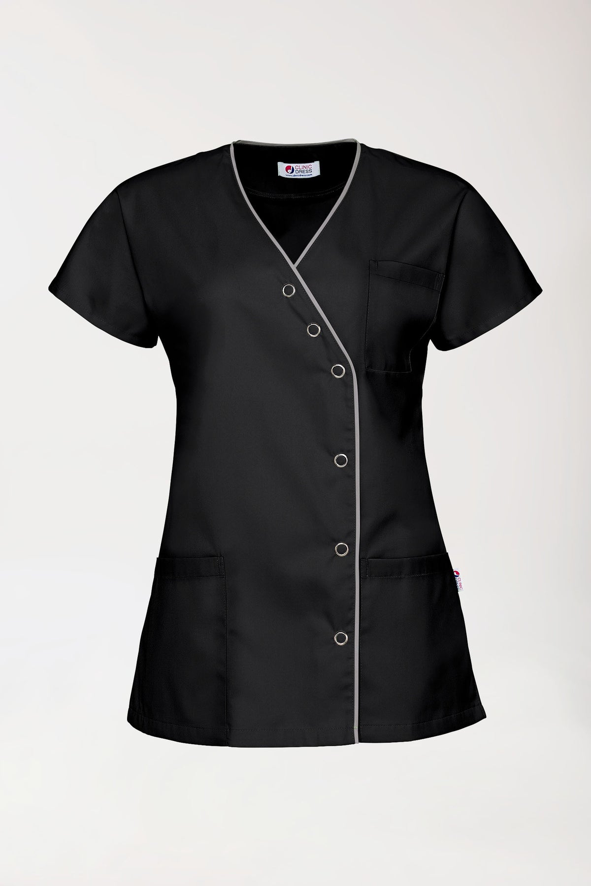 Beauty Kasack Damen - asymmetrische Druckknopfleiste schwarz/grau, Vorderansicht