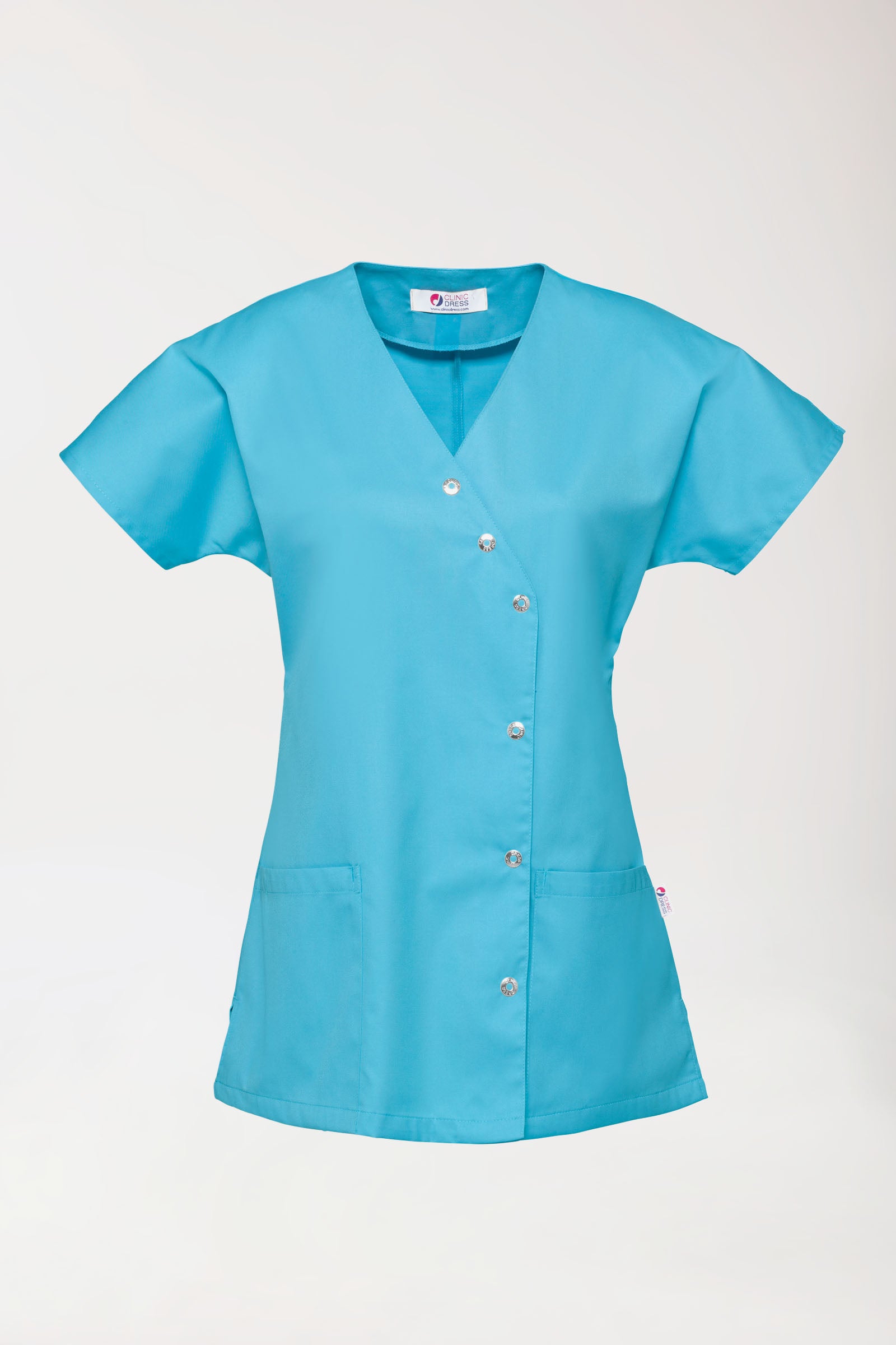 Beauty Kasack Damen - asymmetrische Druckknopfleiste türkis