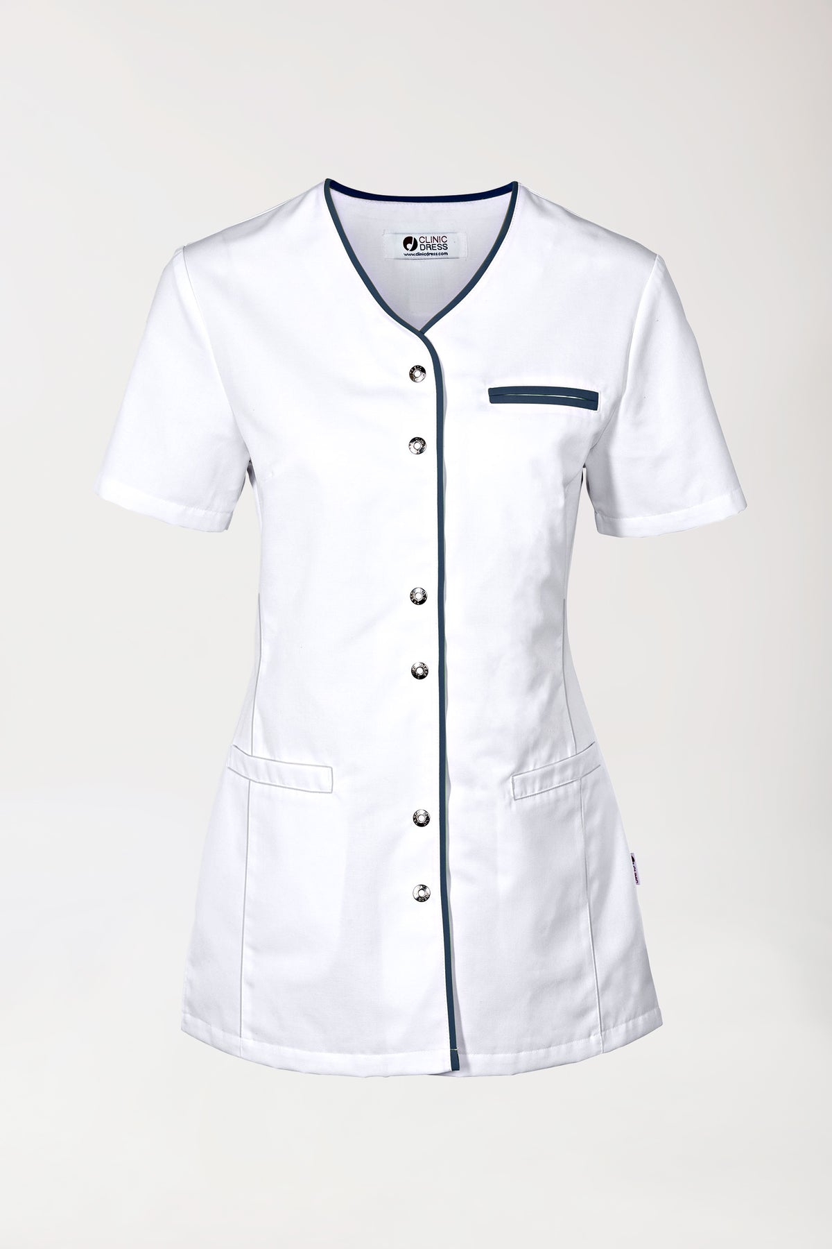 Beauty Kasack Damen - durchgeknöpft weiß/navy, Vorderansicht