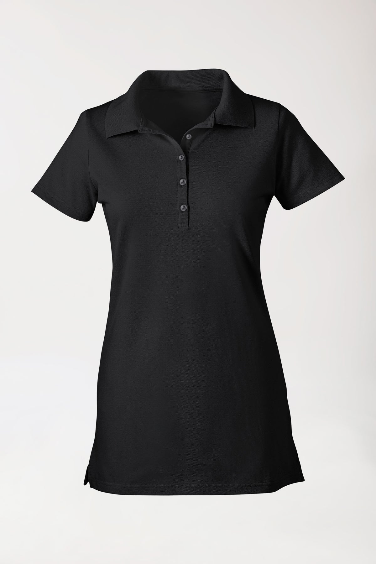 Schwarzes Stretch-Langarmshirt für Damen – Polohemd mit schwarzem Kragen, kurzen Ärmeln, einer Knopfleiste und einem klassischen Polokragen.