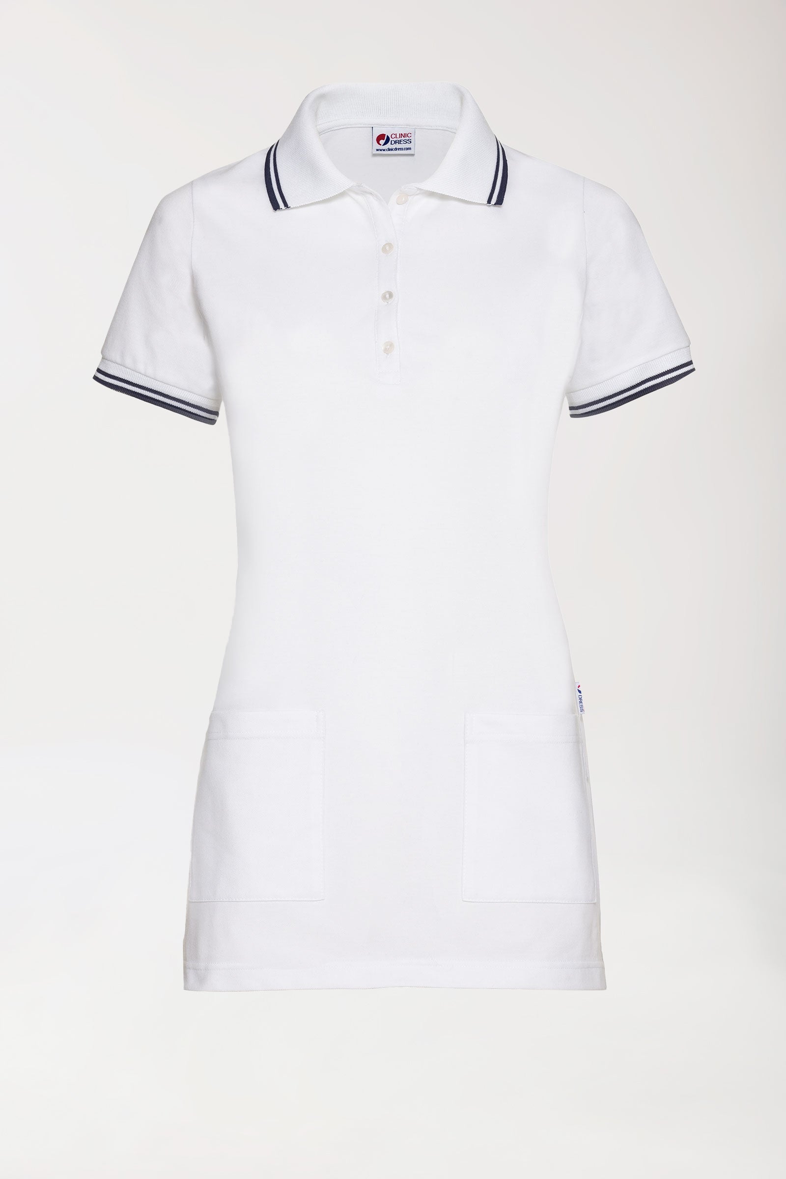 Piqué Longshirt Damen - Polokragen weiß/navy, Vorderansicht