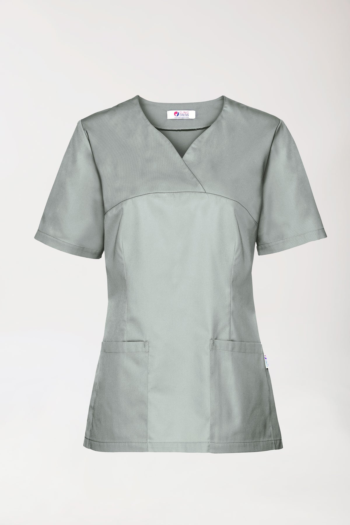 CORE Schlupfkasack Damen – graues Scrub-Top mit Herzausschnitt und zwei Vordertaschen.