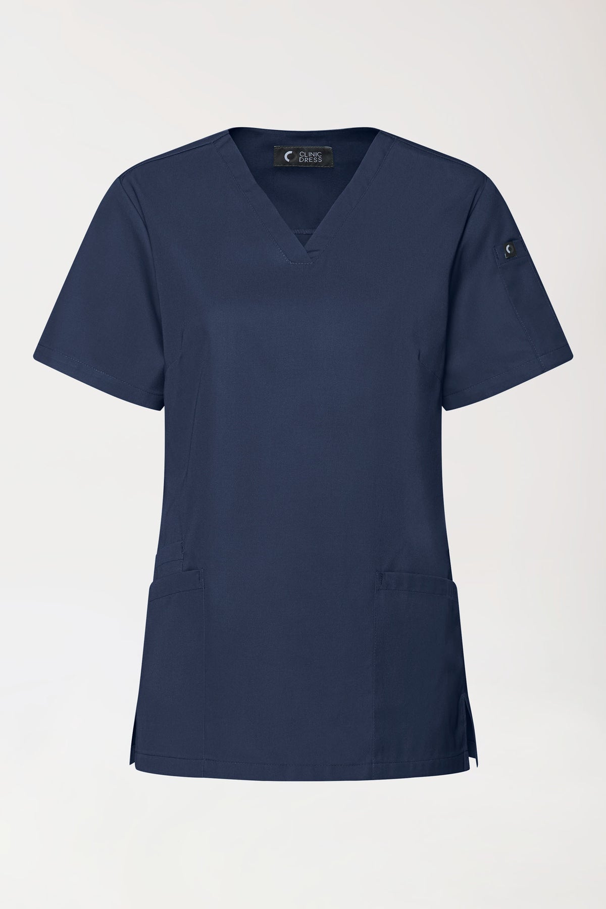 CLINIC DRESS GREEN Stretch-Schlupfkasack für Damen – V-Ausschnitt, marineblau, ein kurzärmeliges OP-Oberteil mit V-Ausschnitt und zwei seitlichen Taschen unten.