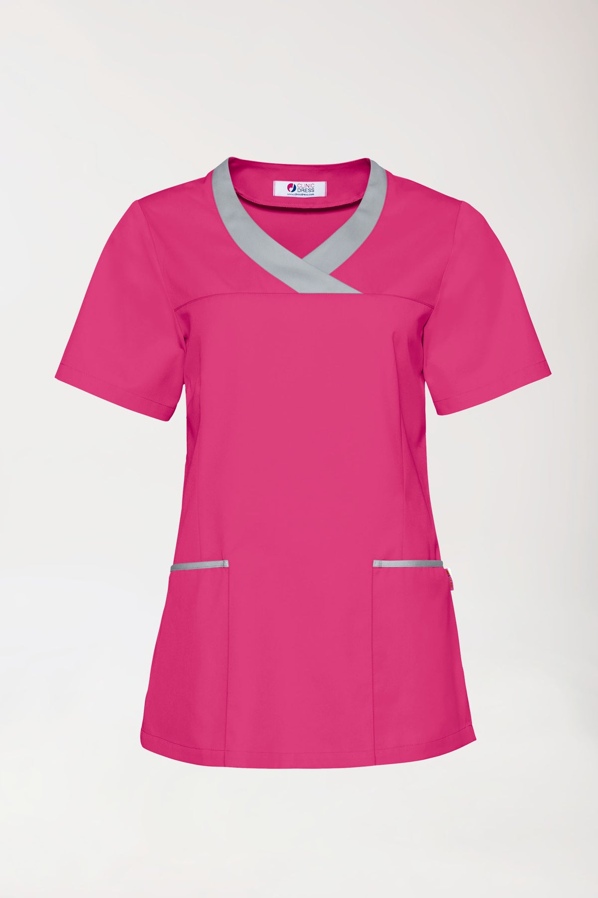CORE Schlupfkasack Damen, pink/grau, kurzärmeliges OP-Oberteil mit grauem V-Ausschnitt, zwei Seitentaschen mit grauer Einfassung und einer Schlüsselschlaufe.