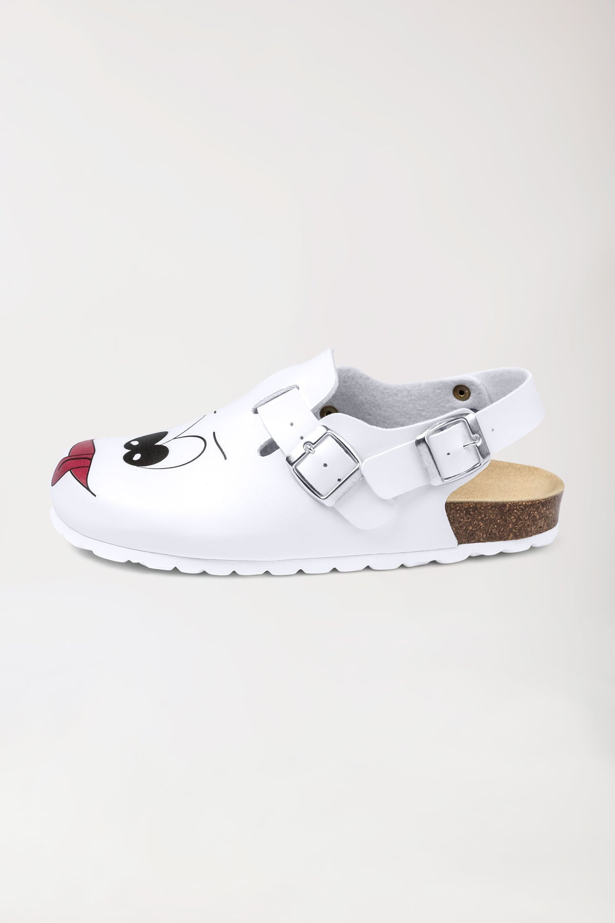 White CLINIC DRESS Damen-Clog – Motivdruck – weiß/bunt: Clogs zum Hineinschlüpfen mit zwei verstellbaren Riemen, einem Fersenriemen, einem Cartoon-Gesichtsdruck auf der Zehenpartie und einem Fußbett aus Naturkork., Vorderansicht