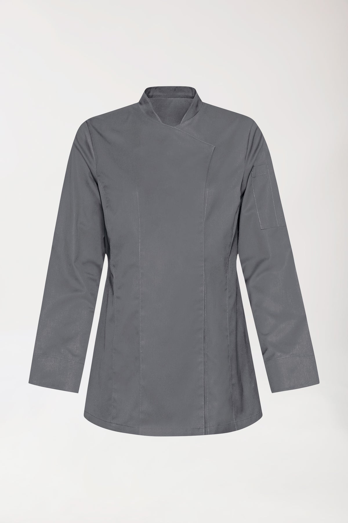 CLINIC DRESS Gastro Kochjacke Damen – 1/1 Arm steingrau: eine steingraue Kochjacke mit langen Ärmeln, asymmetrischer Druckknopfleiste, einer Ärmeltasche und Seitenschlitzen., Vorderansicht