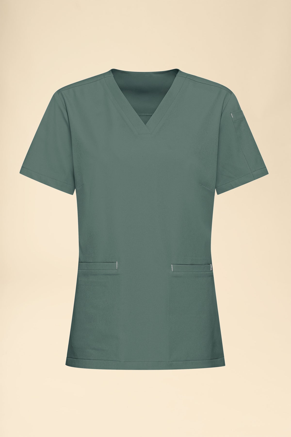 KAERE Damen-Schlupfkasack – Scrub-Oberteil mit V-Ausschnitt, dunkelgrün, mit kurzen Ärmeln und zwei Seitentaschen., Vorderansicht