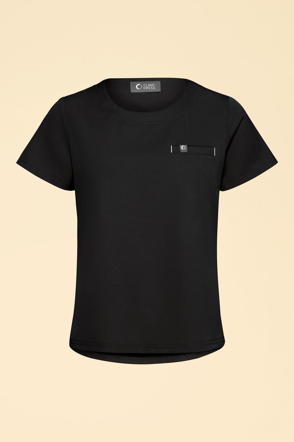 KAERE Damen-Shirt – Rundhalsausschnitt, schwarz: ein schwarzes Kurzarm-Shirt mit antibakterieller Ausrüstung, Rundhalsausschnitt und kleiner Brusttasche., Vorderansicht