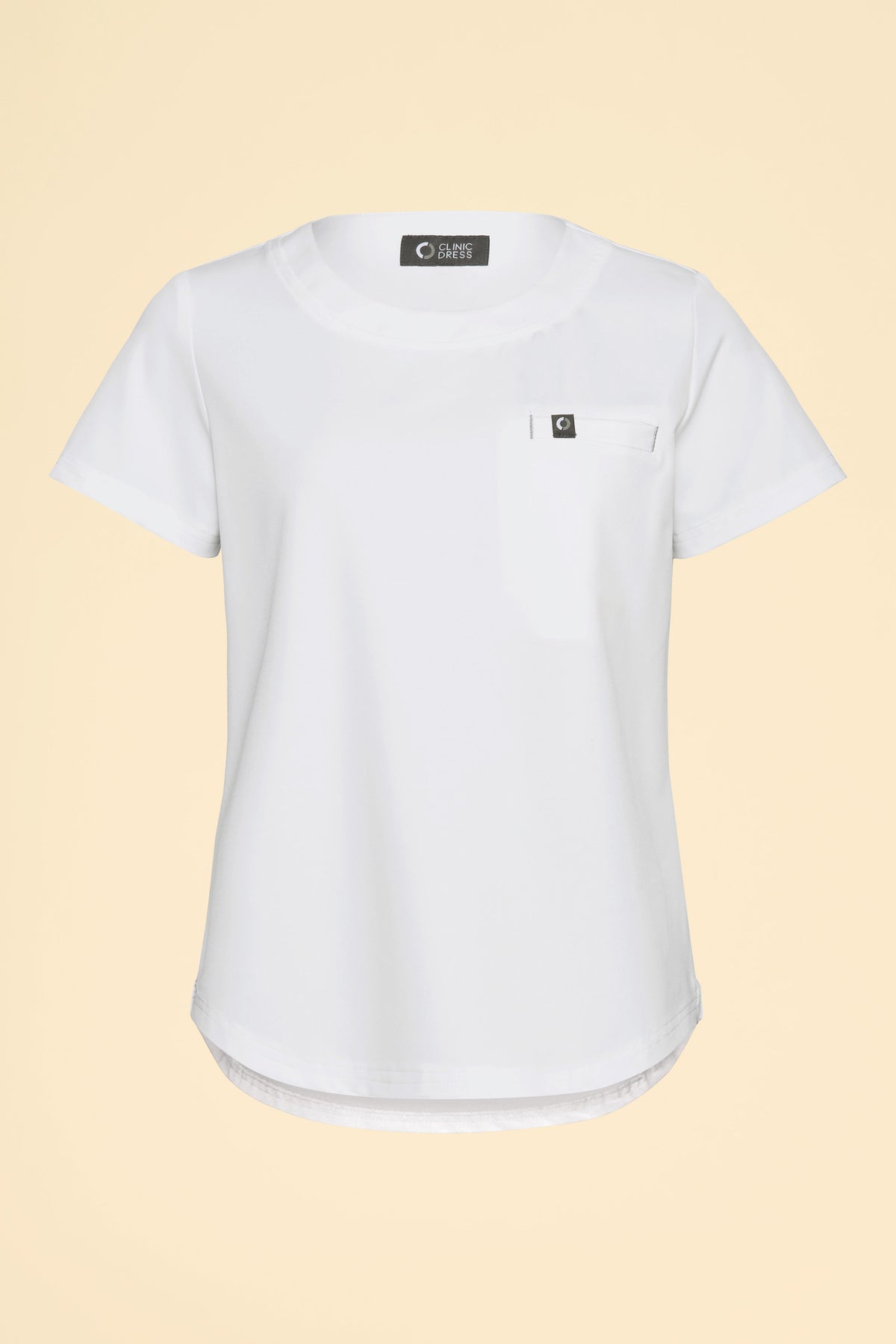 KAERE Damen-Shirt – Rundhalsausschnitt, weiß, ein kurzärmeliges Shirt mit Rundhalsausschnitt, einer kleinen Brusttasche und antibakterieller Ausrüstung., Vorderansicht