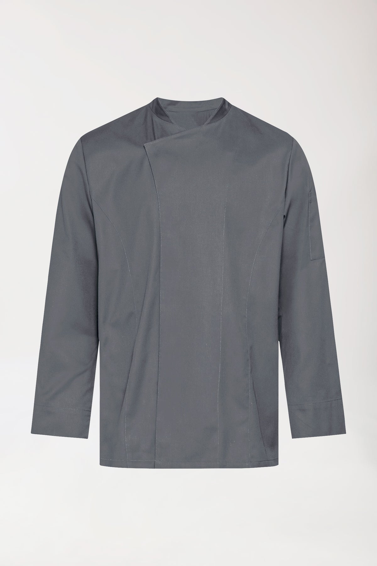 CLINIC DRESS Gastro Kochjacke Herren – 1/1 Arm steingrau: Langärmelige Kochjacke in Steingrau mit asymmetrischem Kragen, Druckknopfleiste und einer Stifttasche.