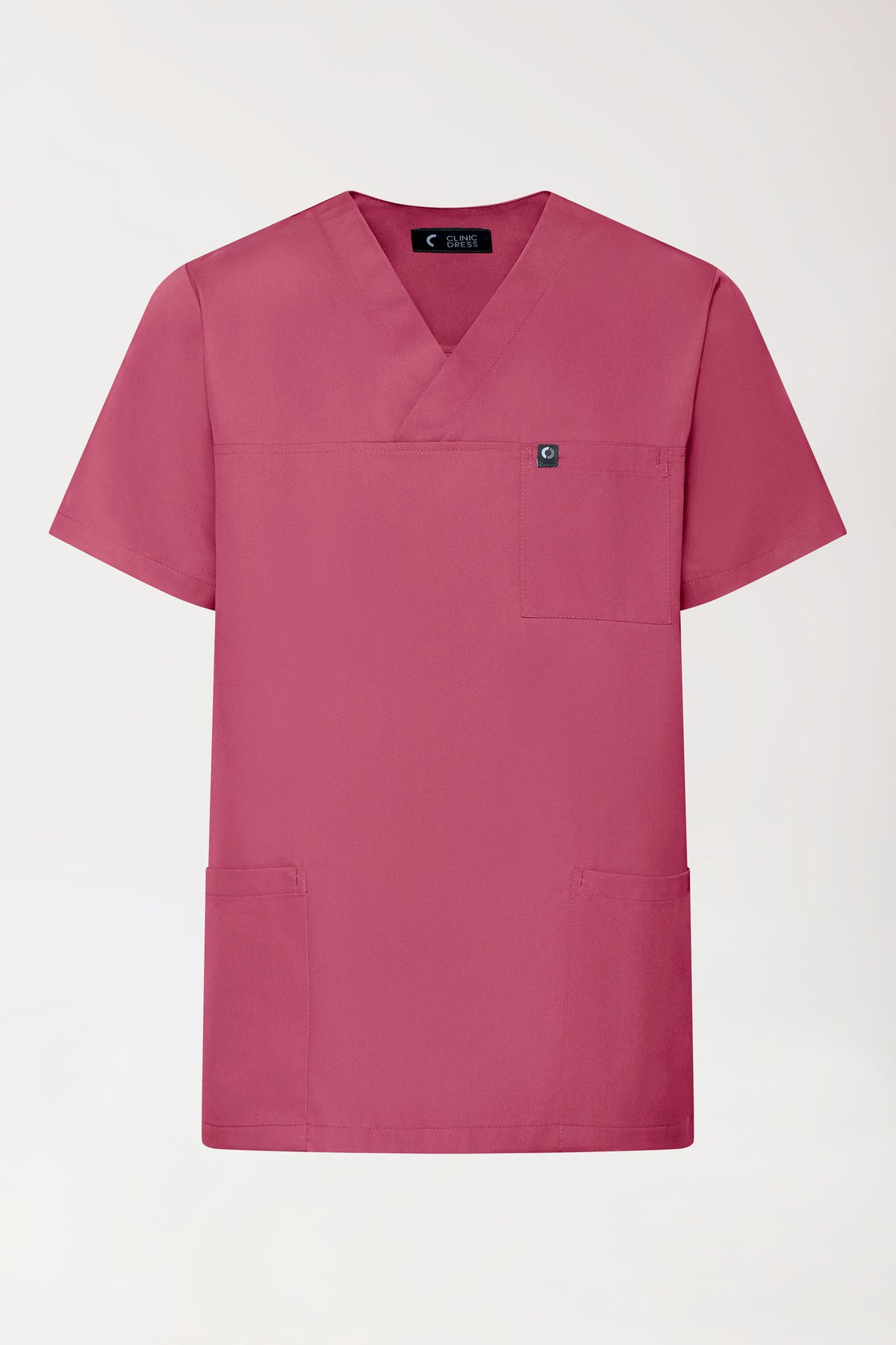 Rosenfarbener, grüner Stretch-Schlupfkasack, Unisex – Rosenholz-Scrub-Oberteil mit V-Ausschnitt, halben Ärmeln und drei Taschen., Vorderansicht