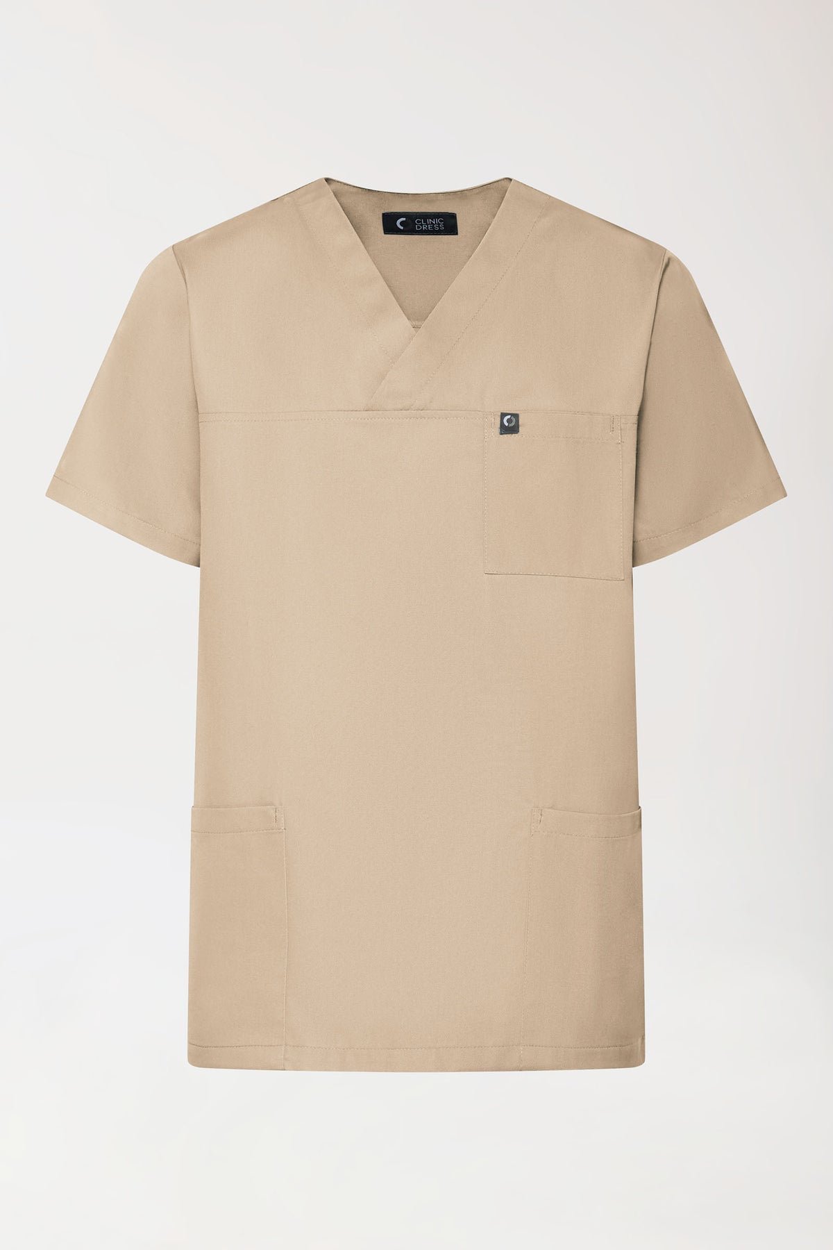 Beige CLINIC DRESS GREEN Stretch-Schlupfkasack, Unisex, mit V-Ausschnitt, kurzärmeliges Sand-Scrub-Oberteil mit einer Brusttasche und zwei Seitentaschen., Vorderansicht