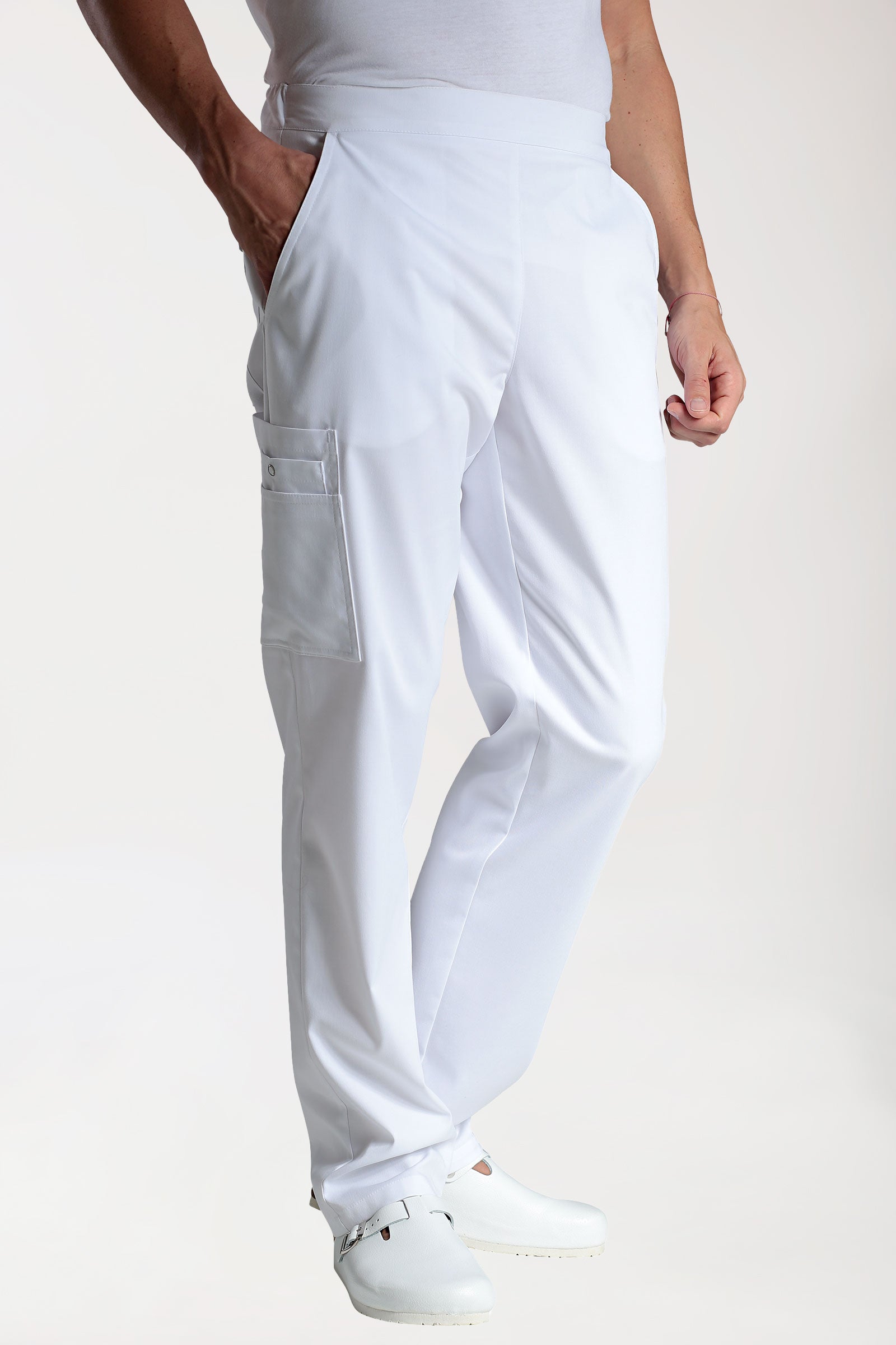 CLINIC STRETCH Hose Unisex - mit Beintasche weiß, Vorderansicht