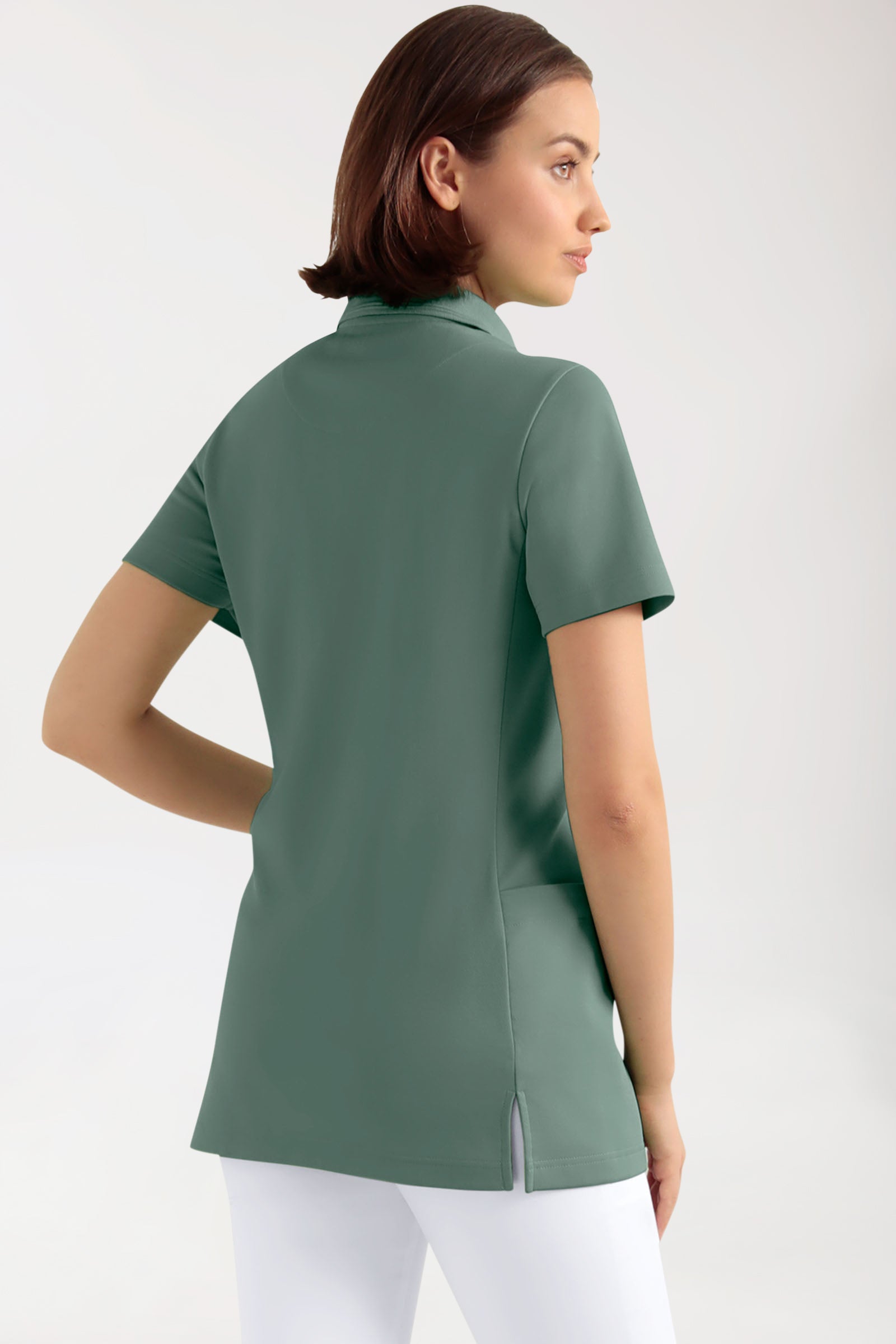 COMFY FLEX Stretch Schlupfkasack Damen - Polokragen dunkelgrün, Rückansicht 