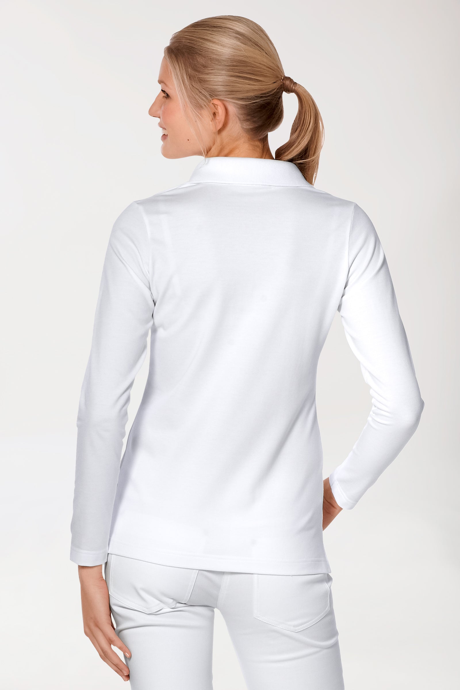 Stretch Shirt Damen - 1/1 Arm mit Polokragen weiß, Rückansicht 