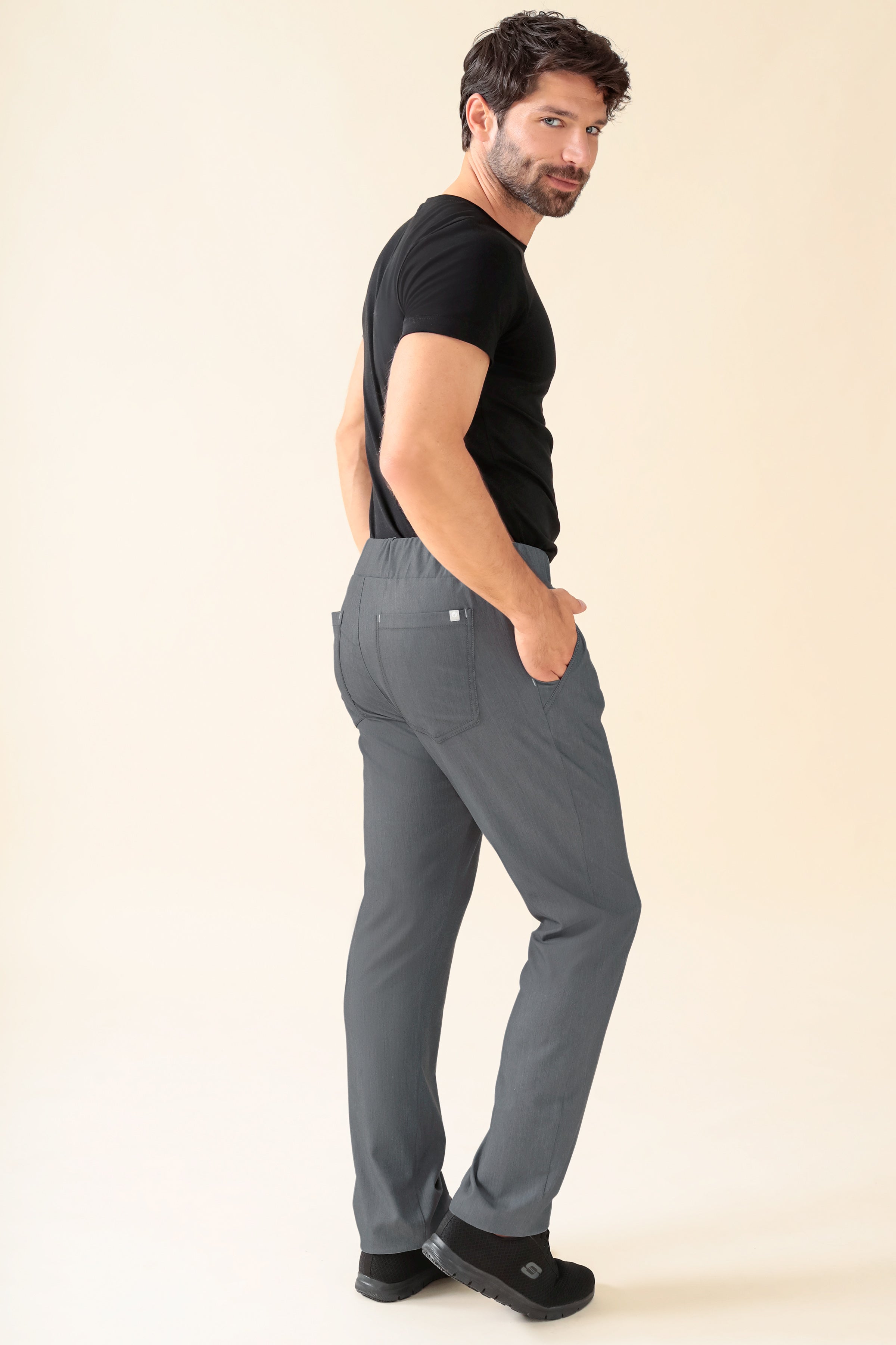 KAERE Hose Herren - gerader Saum Kurzgr. ohne Beintaschen grau melange, Rückansicht 