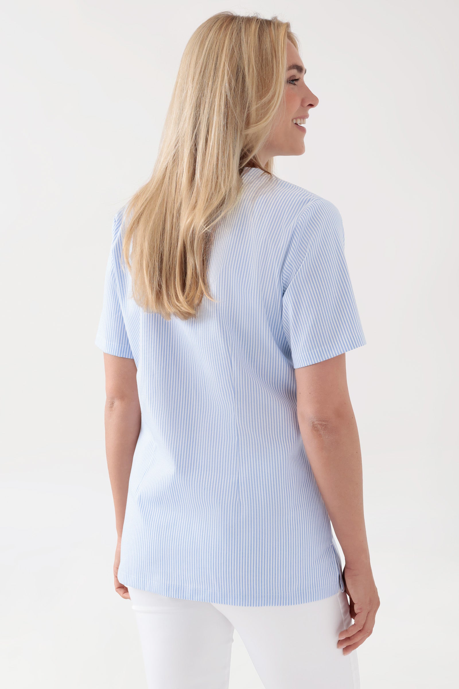 Stretch Schlupfkasack Damen - V-Ausschnitt weiß/blau, Rückansicht 