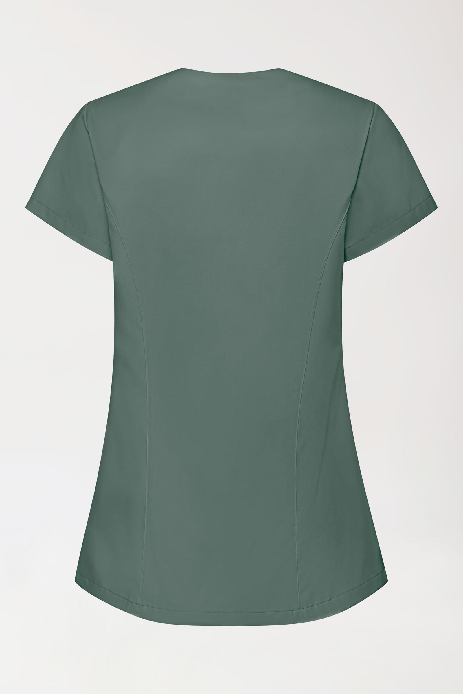 GREEN Stretch Kasack Damen - asymmetrische Druckknopfleiste dunkelgrün, Rückansicht 