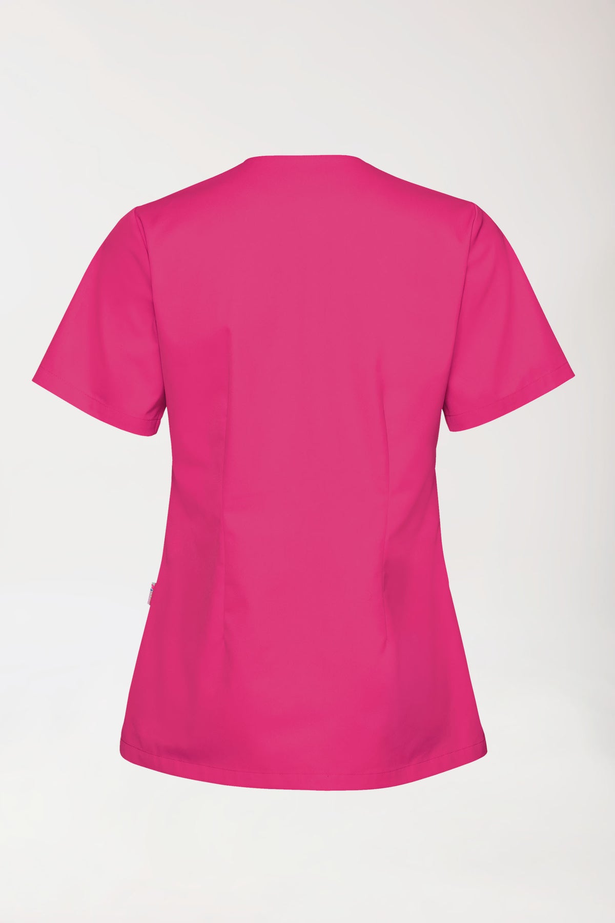 Rückansicht des rosa CORE Schlupfkasack Damen in Rosa/Grau, eines kurzärmeligen OP-Oberteils mit V-Ausschnitt und Schlüsselring., Rückansicht 