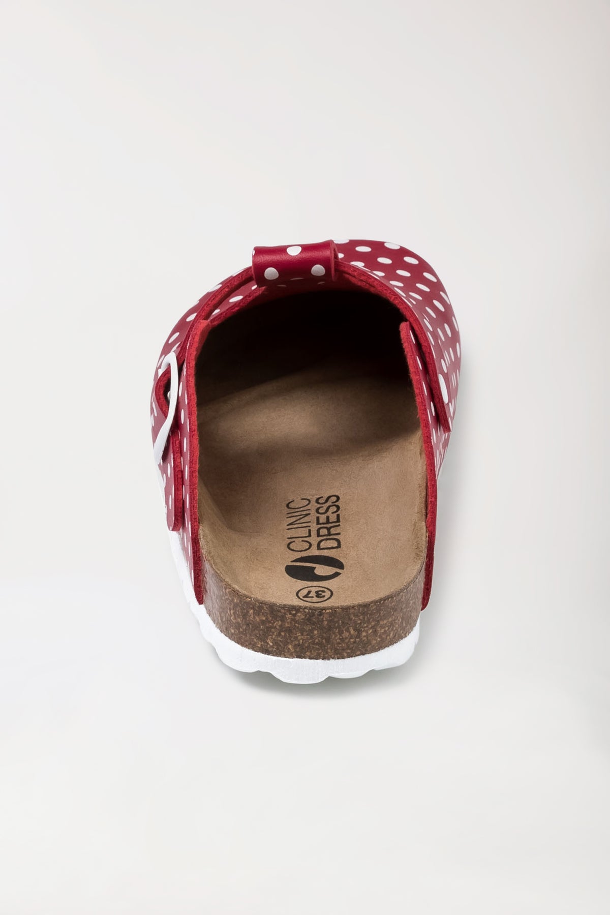 CLINIC DRESS Damen-Clog rot/weiß mit roten Punkten und einem Fußbett aus Naturkork., Rückansicht 