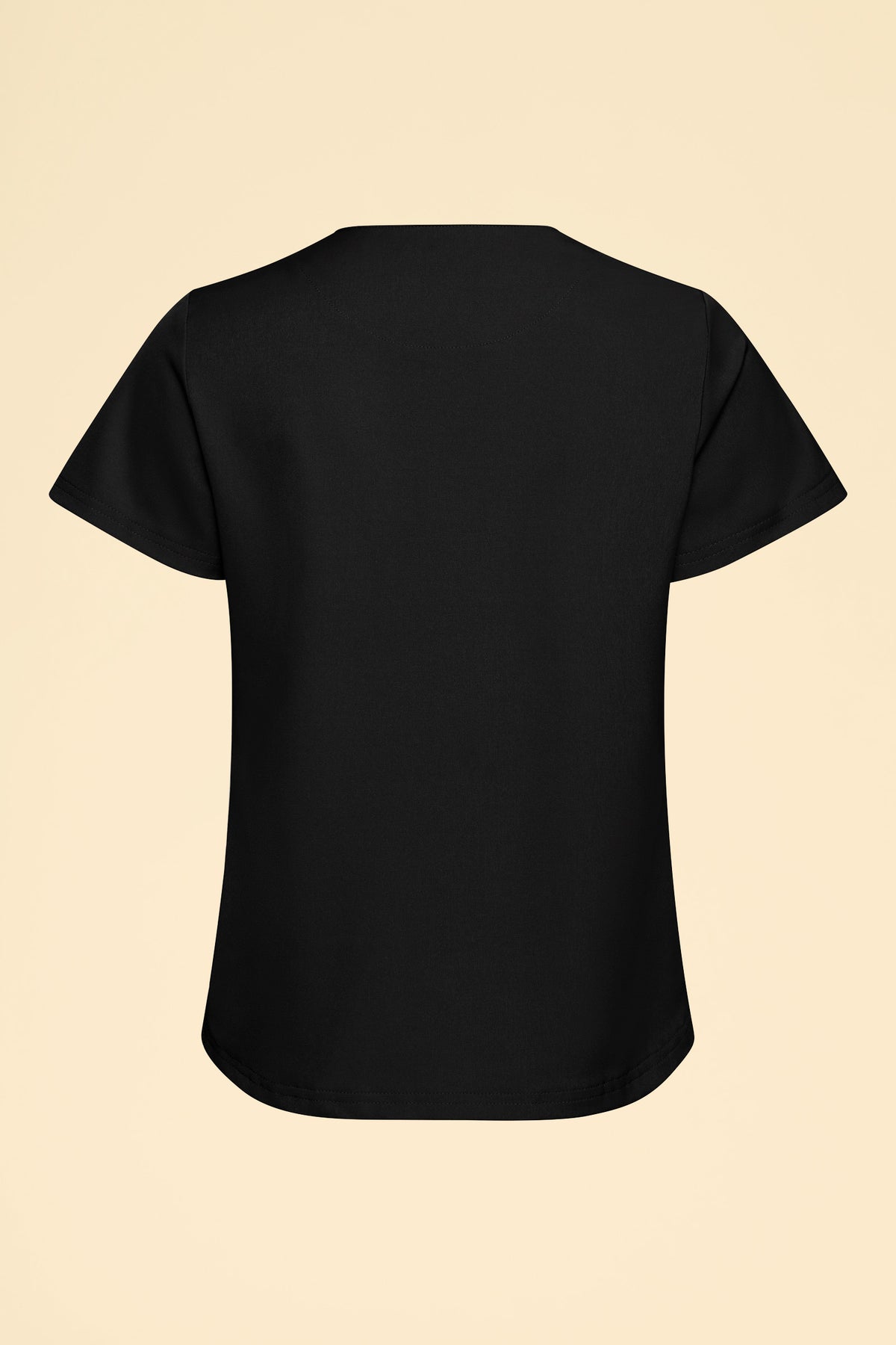 Rückansicht eines schwarzen, kurzärmeligen KAERE-Shirts für Damen – Rundhalsausschnitt, schwarz, mit einer Brusttasche., Rückansicht 