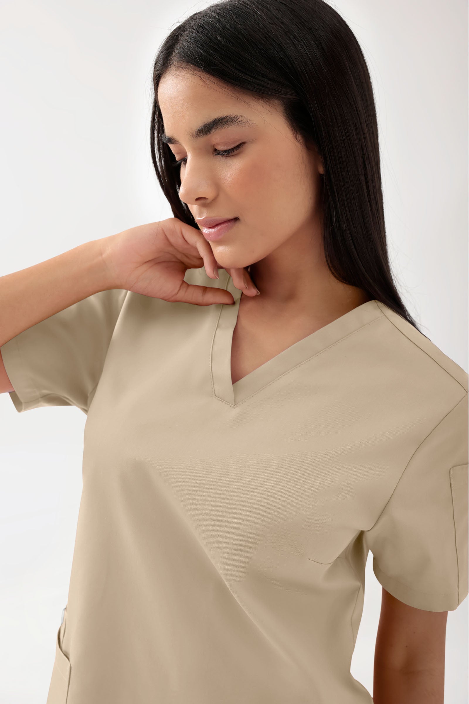 GREEN Stretch Schlupfkasack Damen - V-Ausschnitt sand