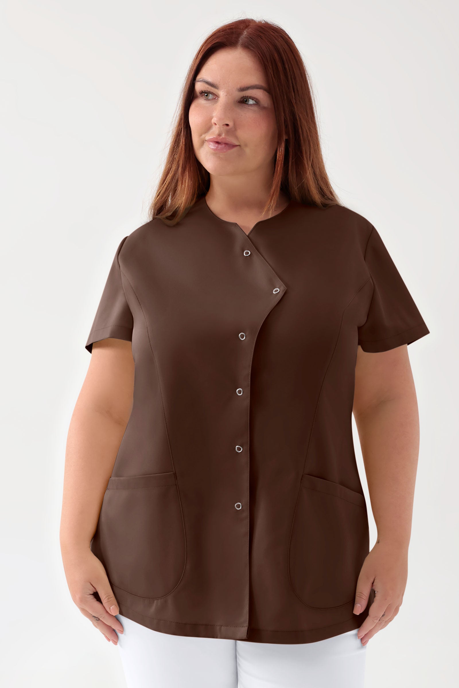 GREEN Stretch Kasack Damen - asymmetrische Druckknopfleiste coffee, Vorderansicht 