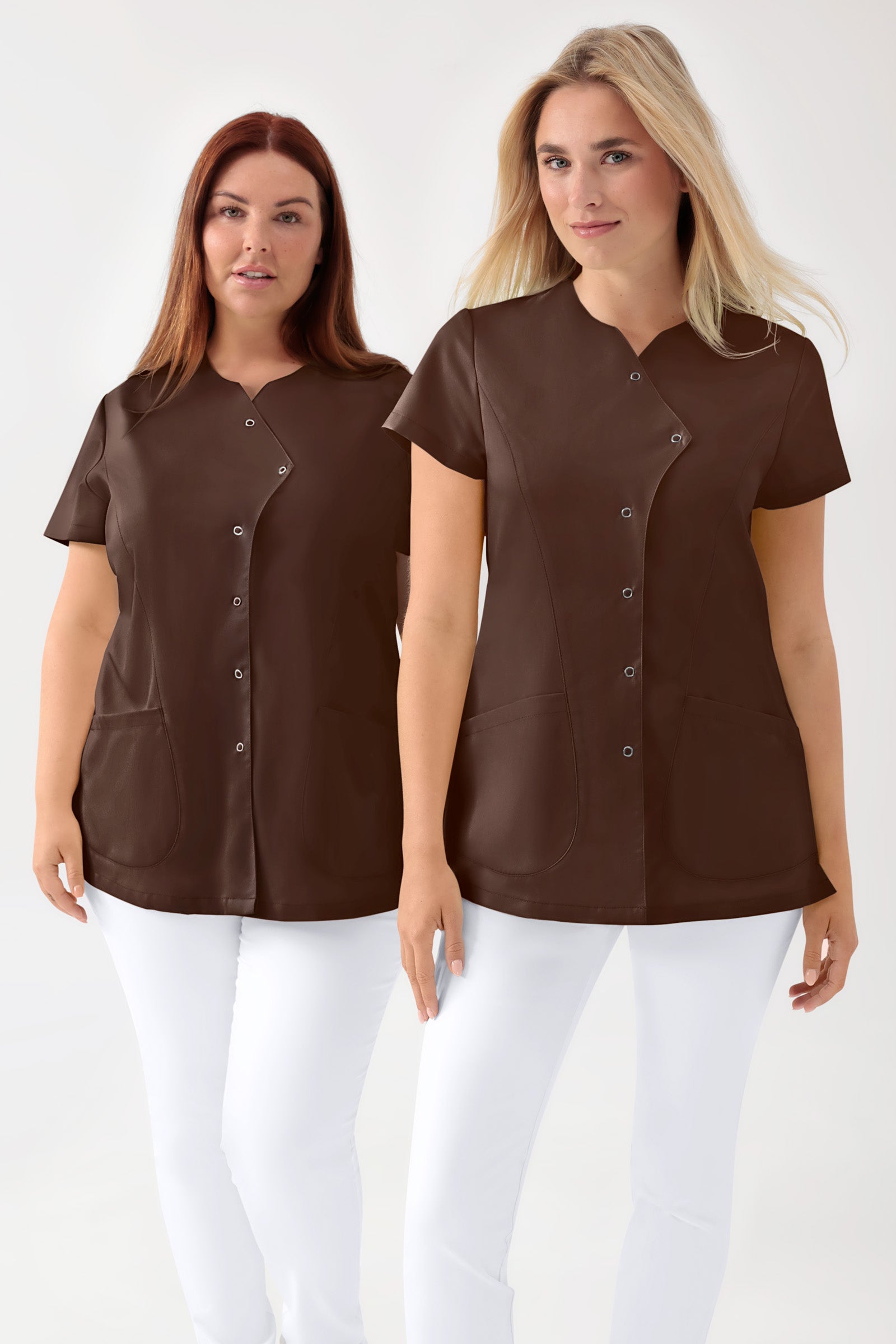 GREEN Stretch Kasack Damen - asymmetrische Druckknopfleiste coffee