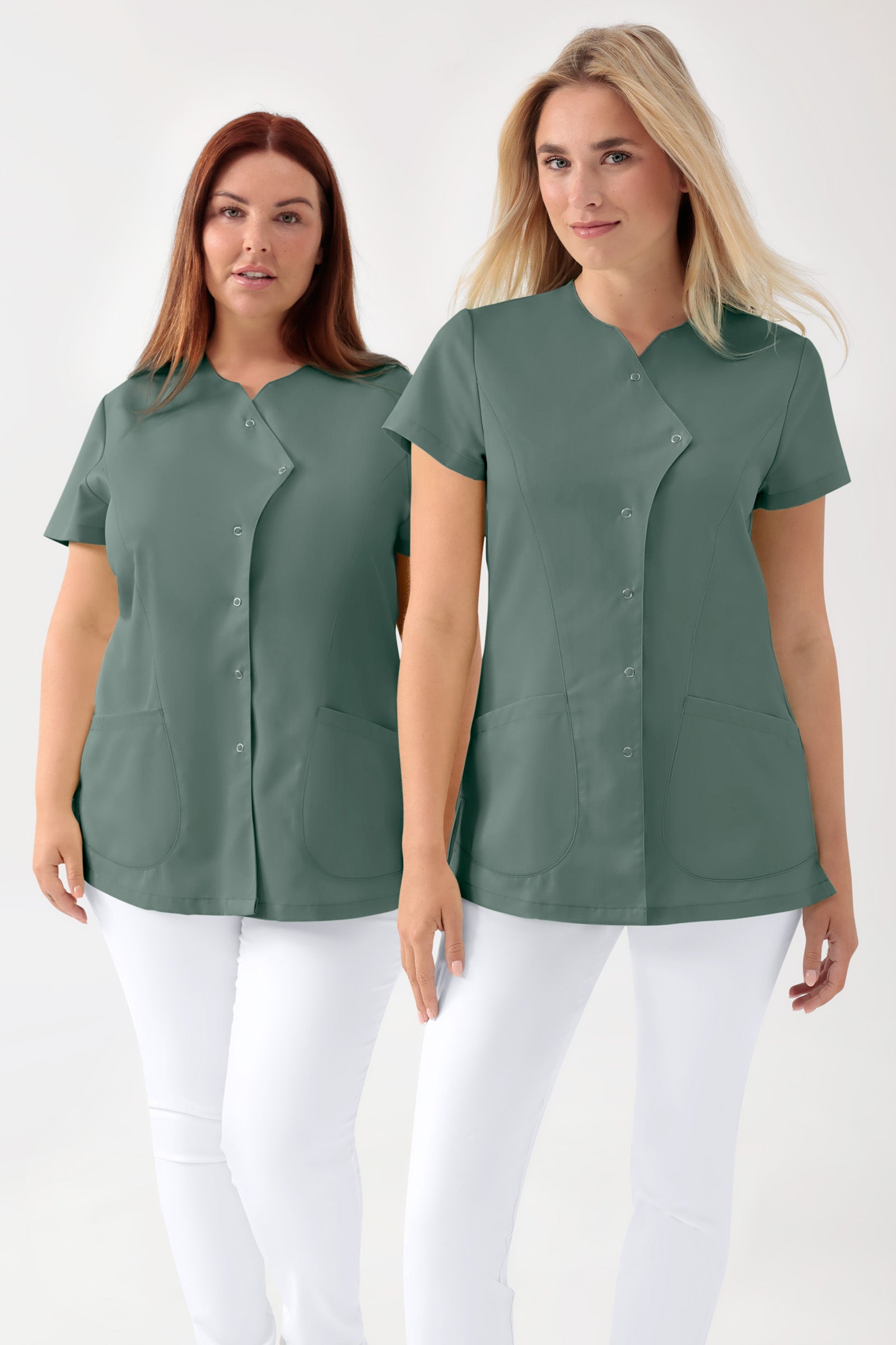 GREEN Stretch Kasack Damen - asymmetrische Druckknopfleiste dunkelgrün, Vorderansicht 