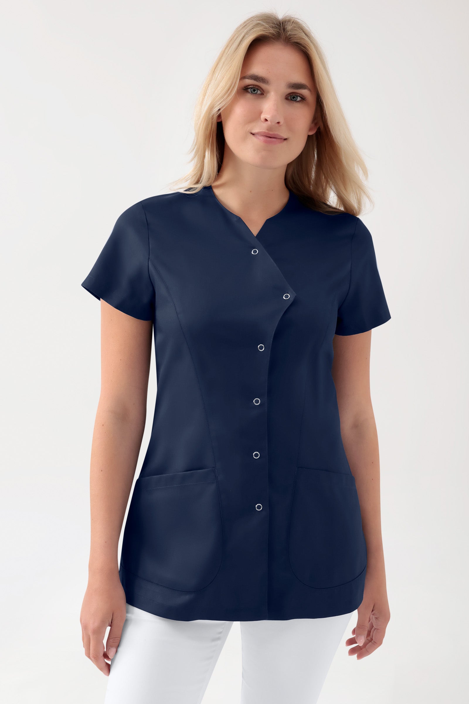 GREEN Stretch Kasack Damen - asymmetrische Druckknopfleiste navy, Vorderansicht 