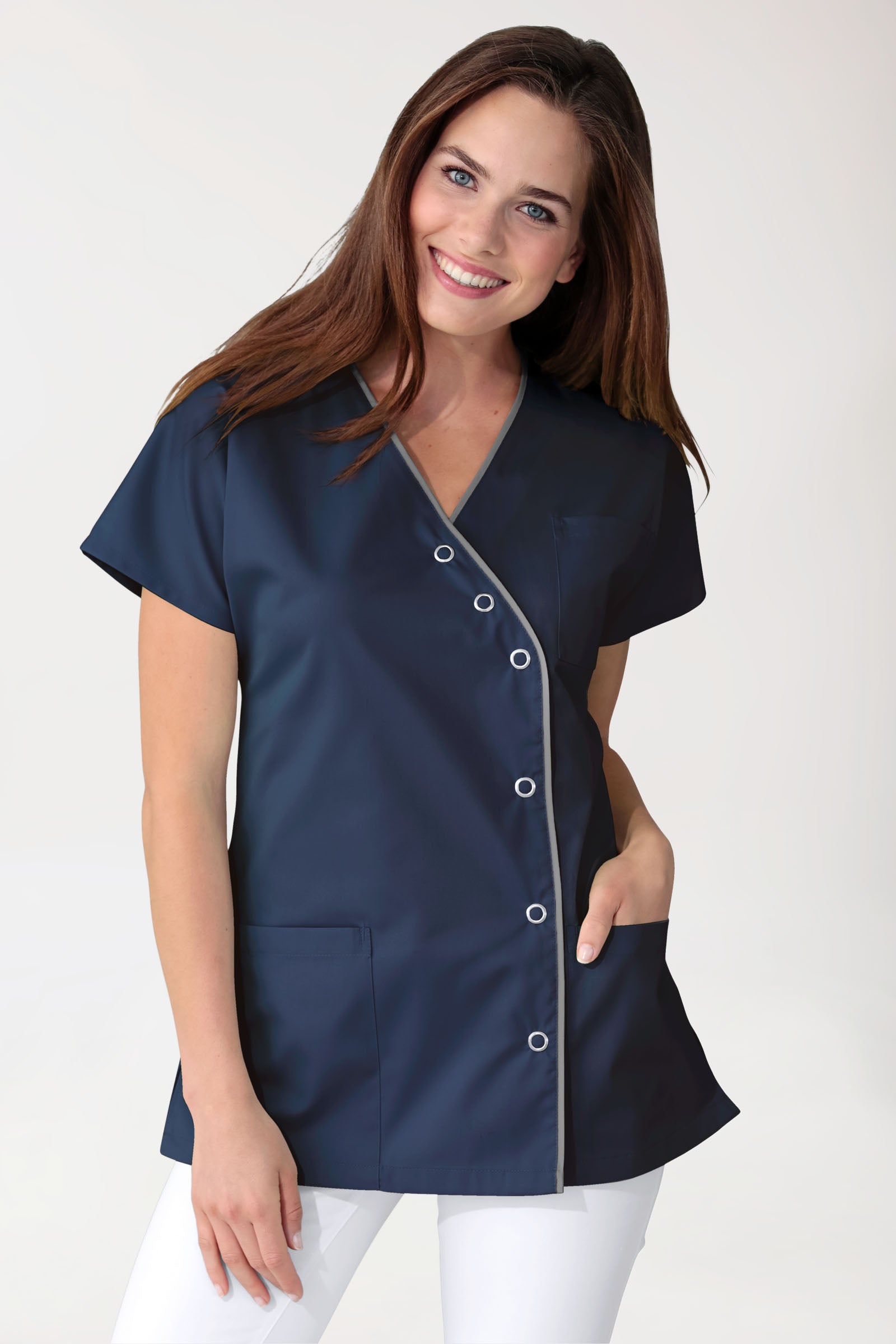 Beauty Kasack Damen - asymmetrische Druckknopfleiste navy/grau
