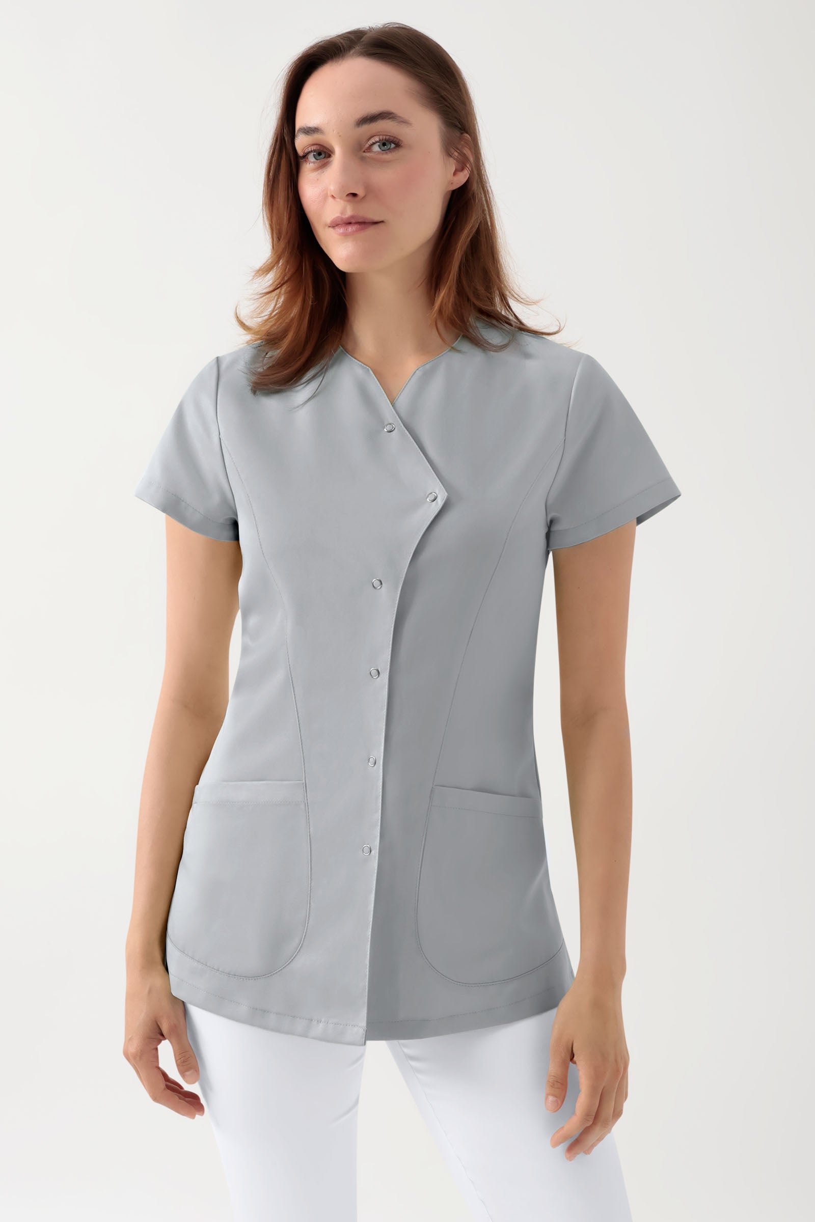 GREEN Stretch Kasack Damen - asymmetrische Druckknopfleiste perlgrau, Vorderansicht 