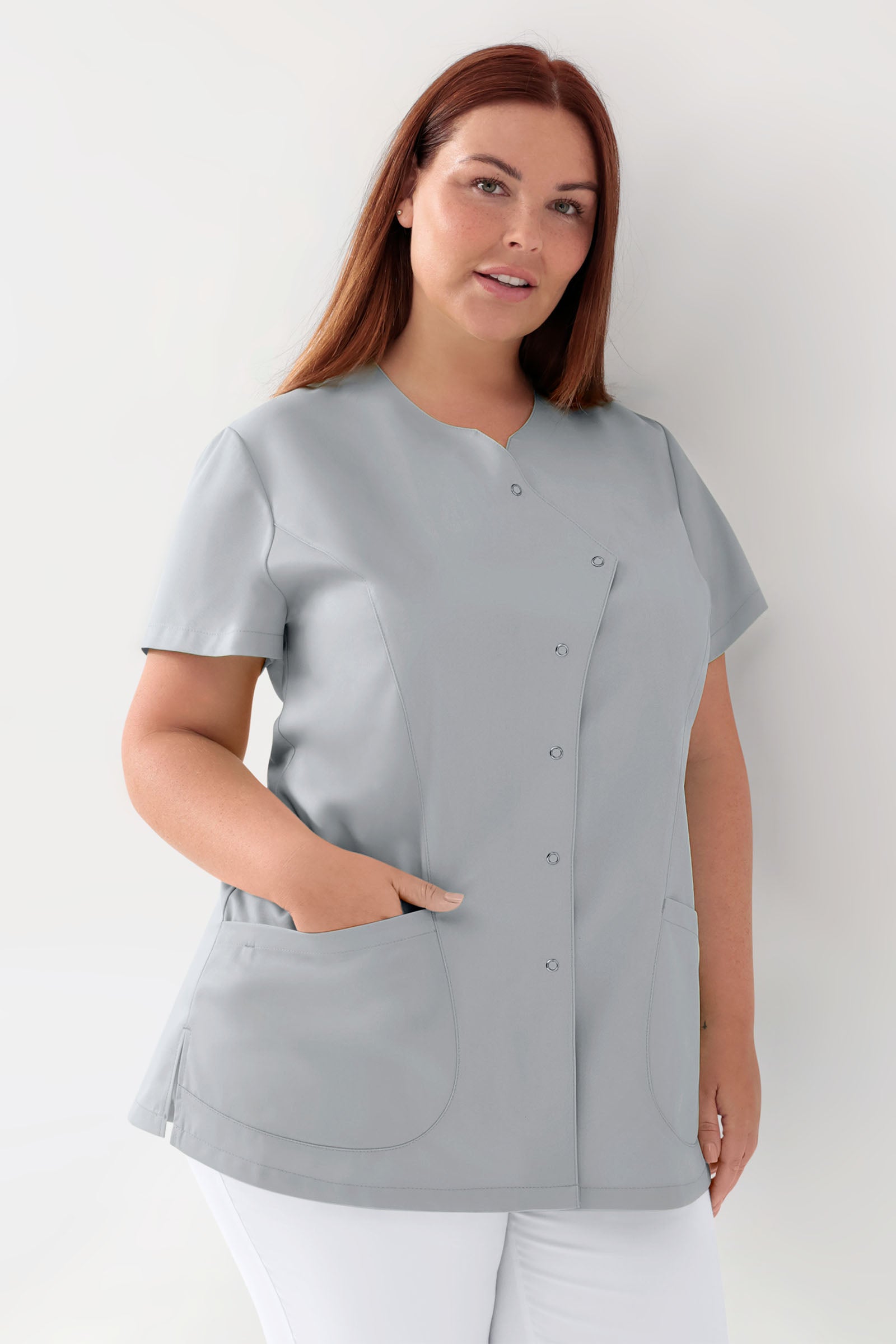 GREEN Stretch Kasack Damen - asymmetrische Druckknopfleiste perlgrau, Vorderansicht 