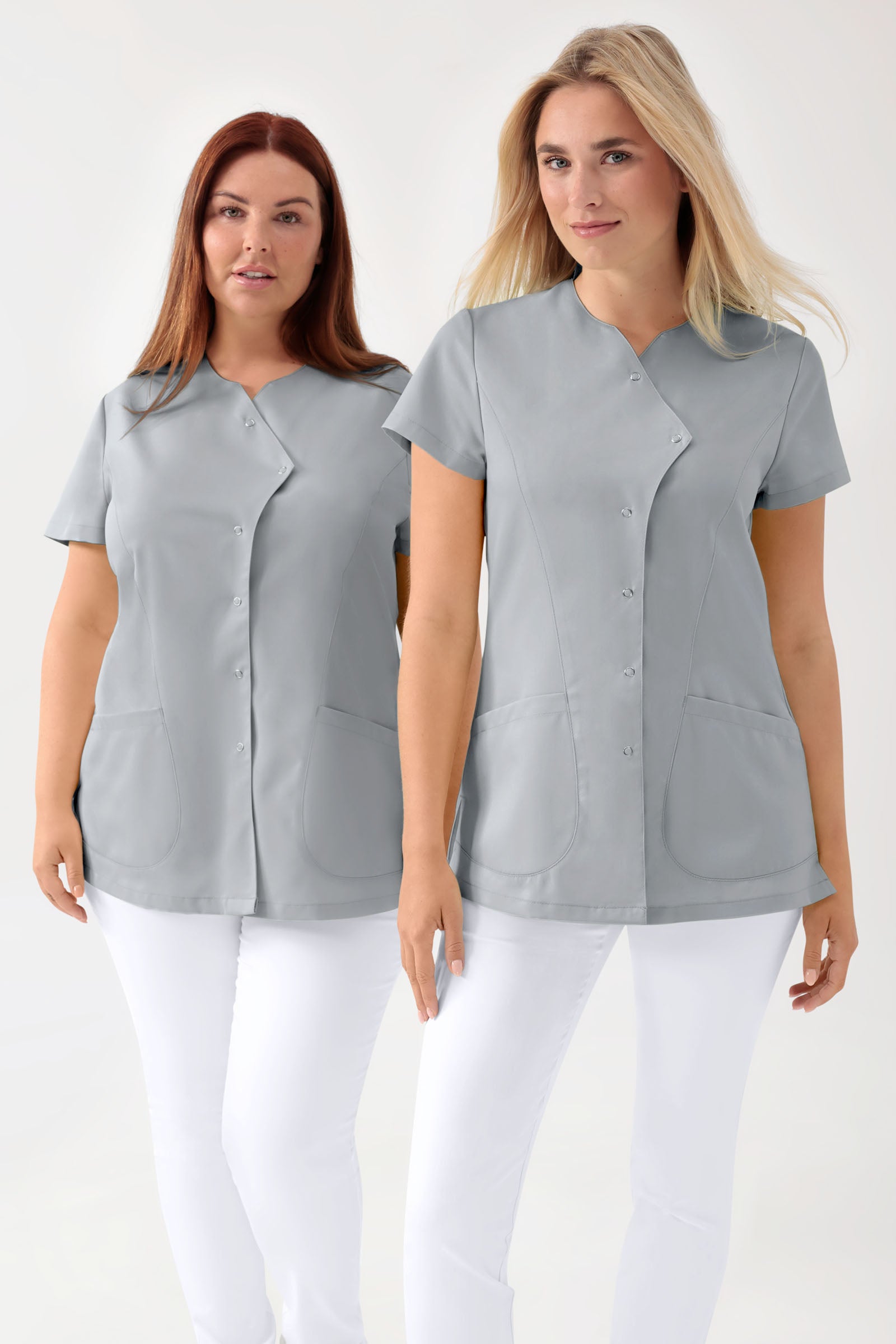 GREEN Stretch Kasack Damen - asymmetrische Druckknopfleiste perlgrau