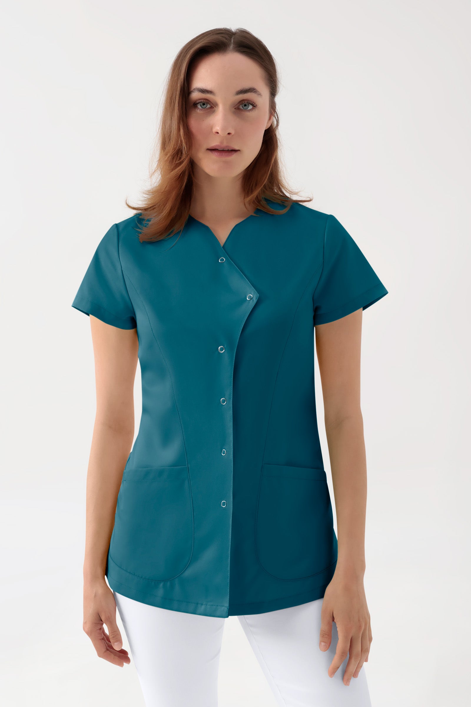 GREEN Stretch Kasack Damen - asymmetrische Druckknopfleiste petrol, Vorderansicht 