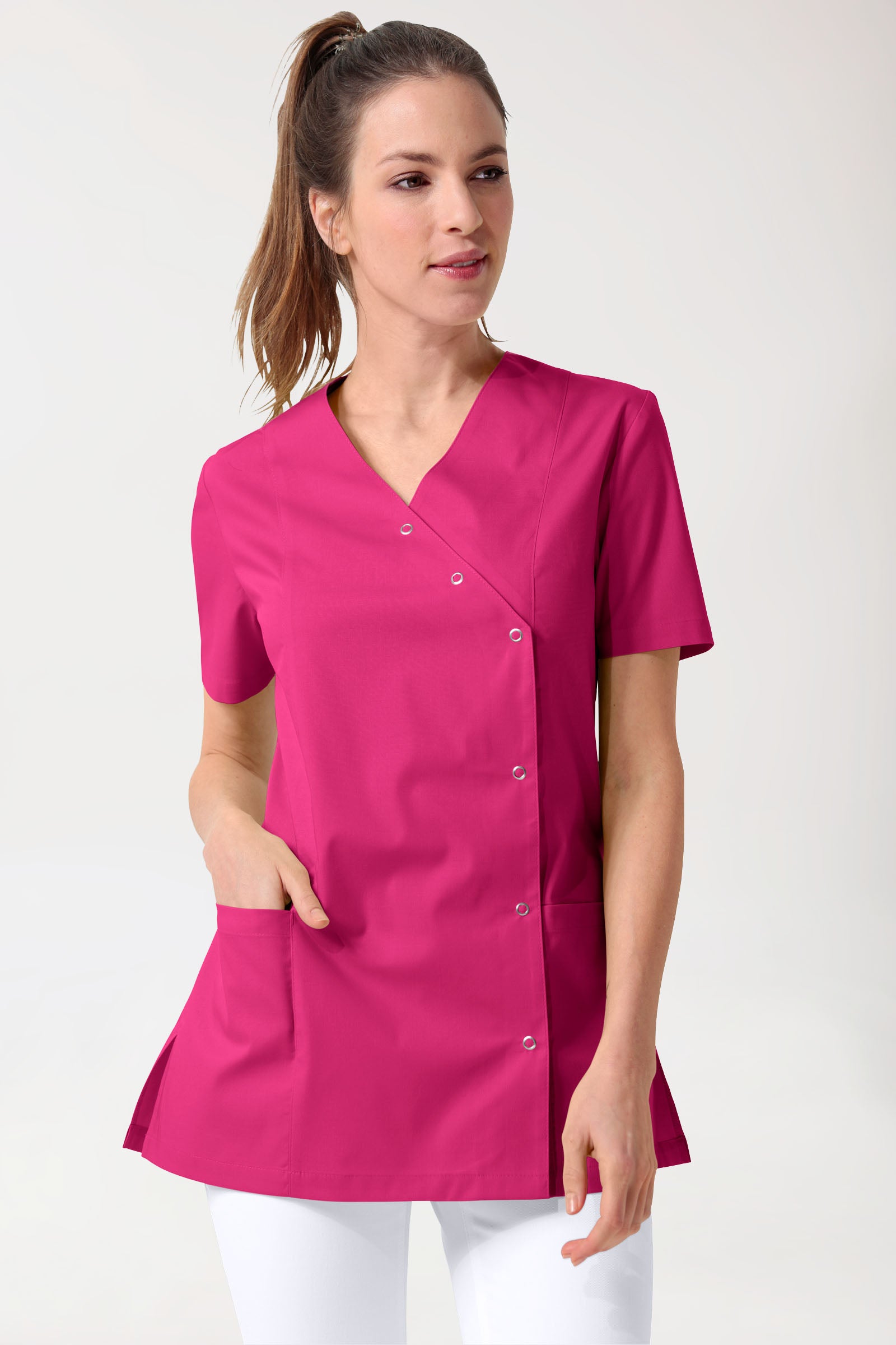 Stretch Kasack Damen - durchgeknöpft pink, Vorderansicht 