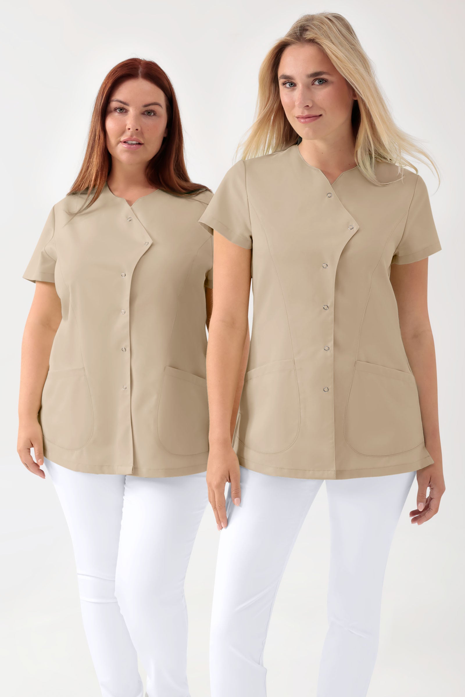 GREEN Stretch Kasack Damen - asymmetrische Druckknopfleiste sand, Vorderansicht 