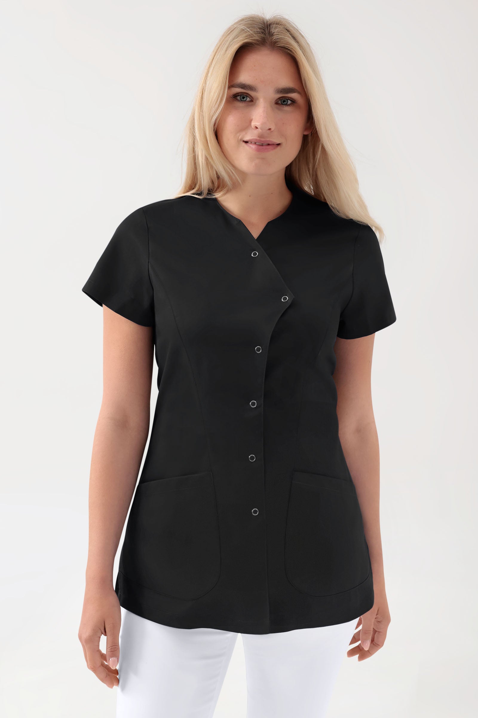 GREEN Stretch Kasack Damen - asymmetrische Druckknopfleiste schwarz, Vorderansicht 