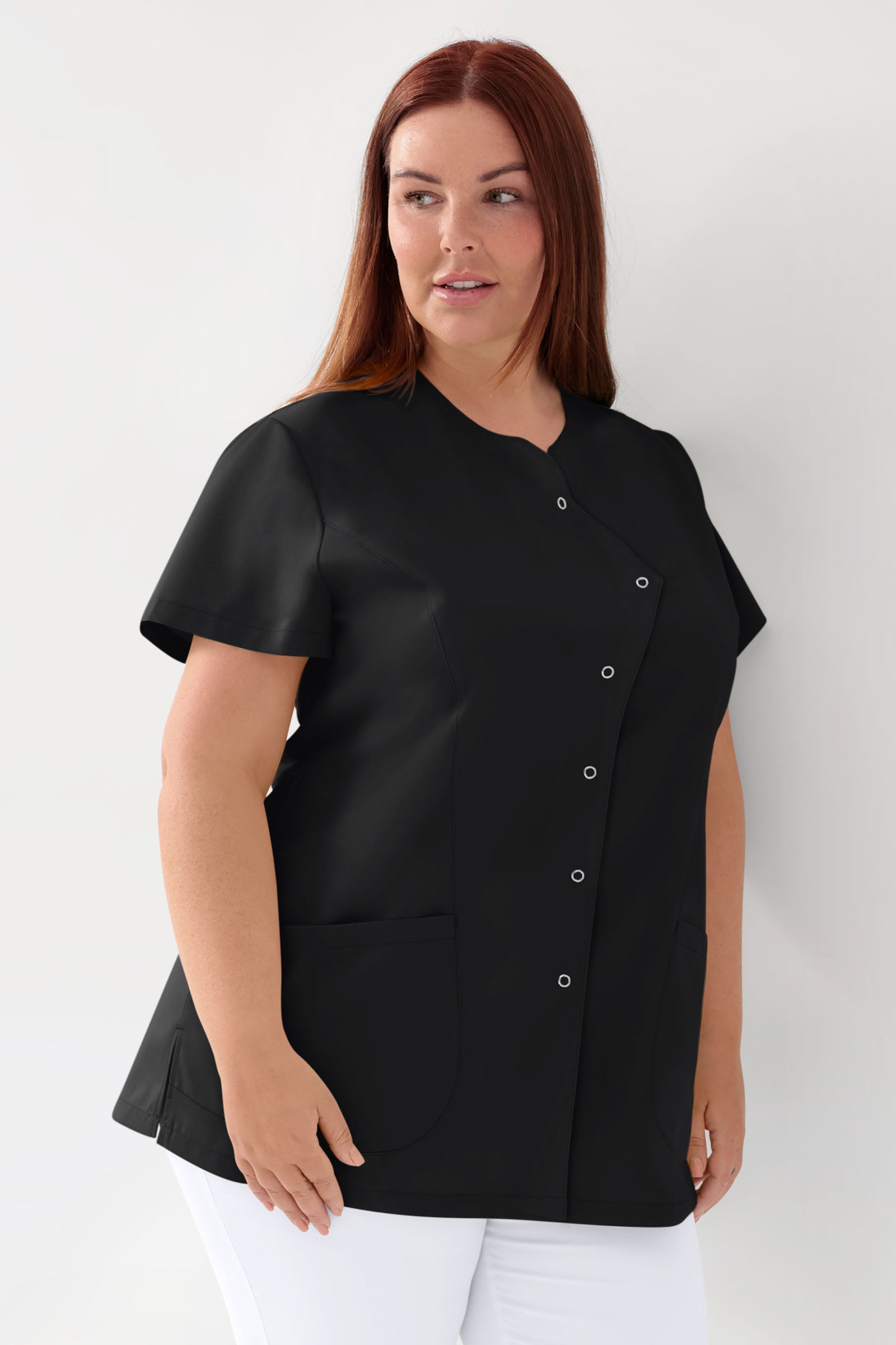 GREEN Stretch Kasack Damen - asymmetrische Druckknopfleiste schwarz, Vorderansicht 