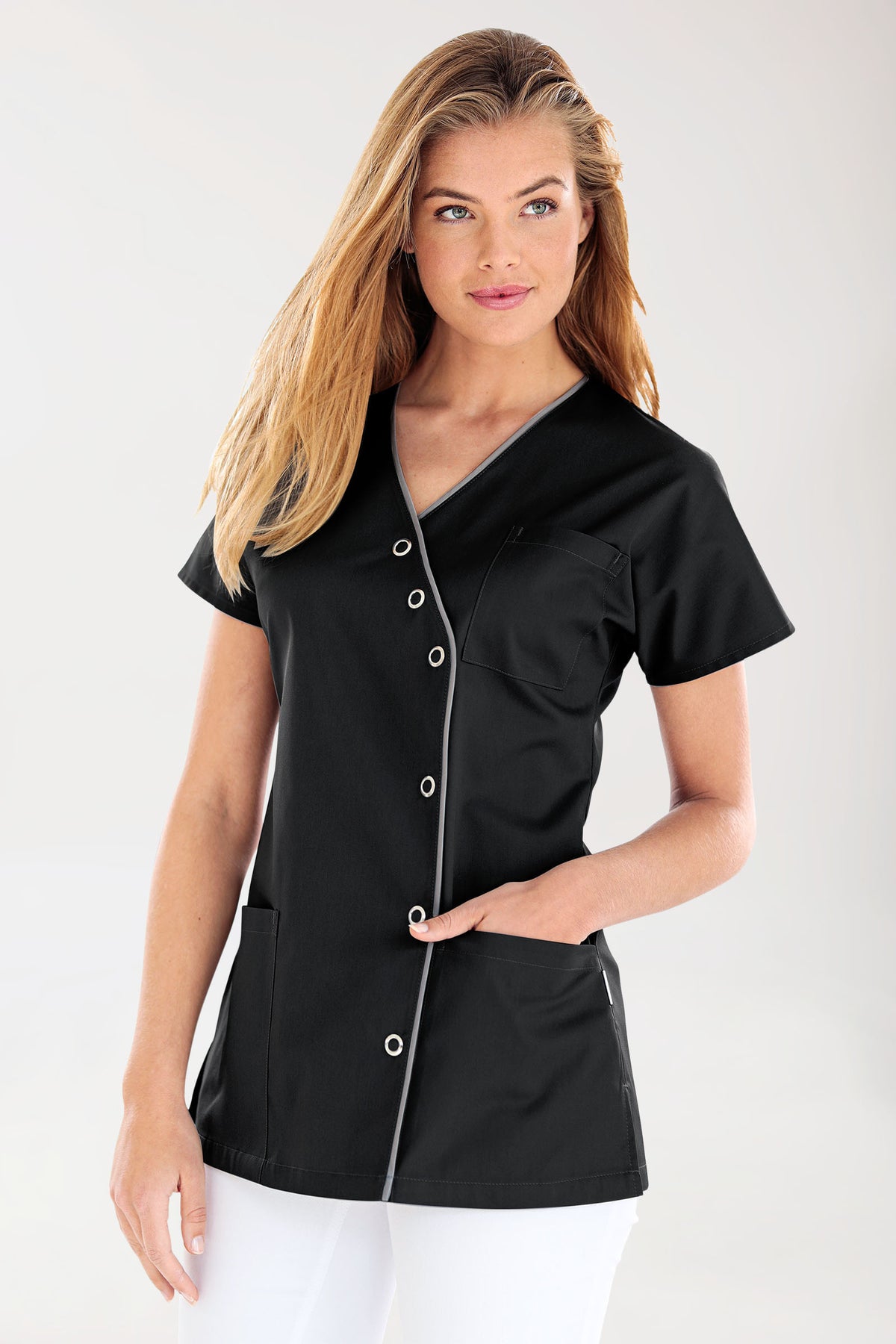 Beauty Kasack Damen - asymmetrische Druckknopfleiste schwarz/grau, Vorderansicht 